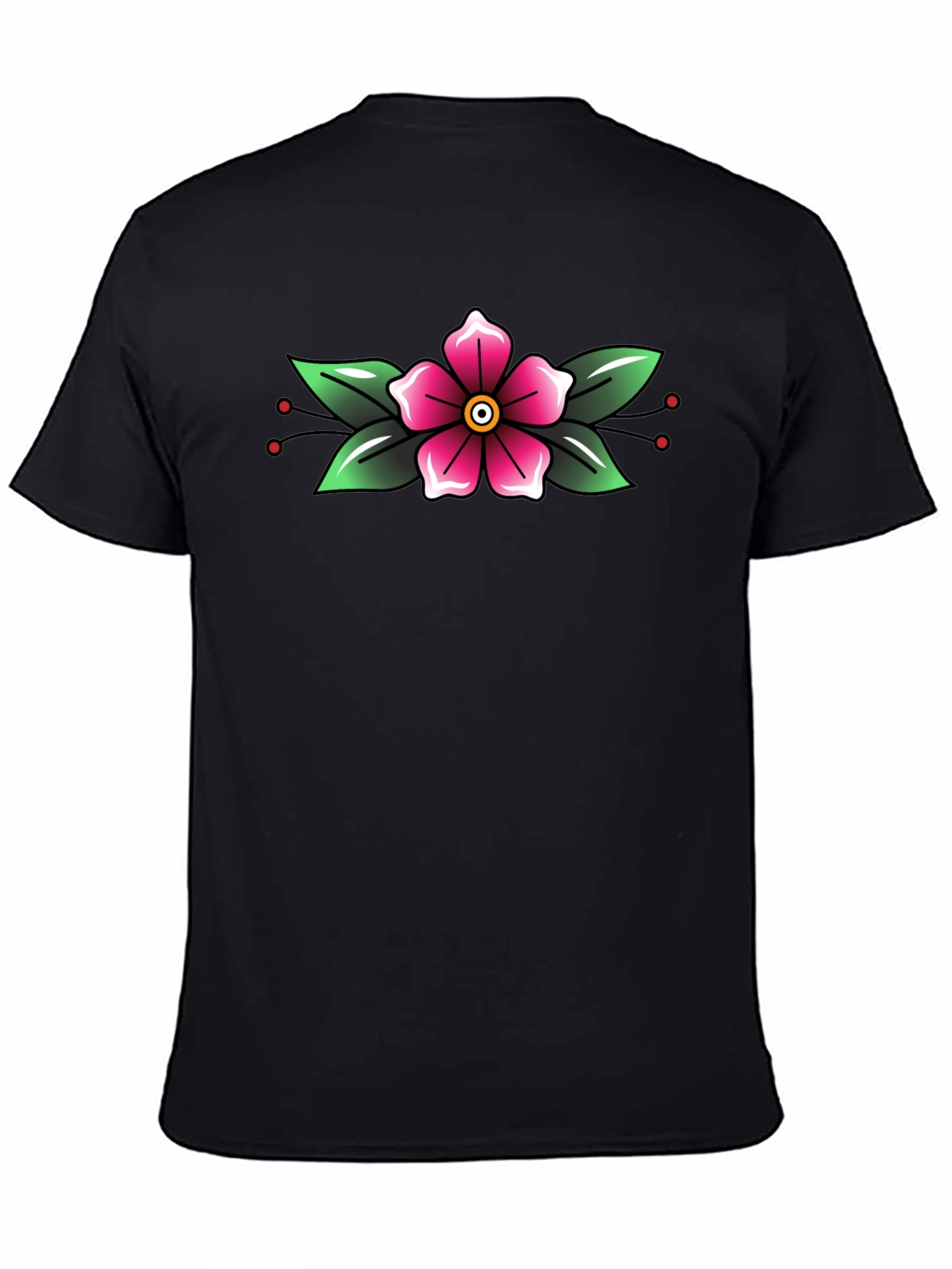 Black T-Shirt with Floral Tattoo Style Design