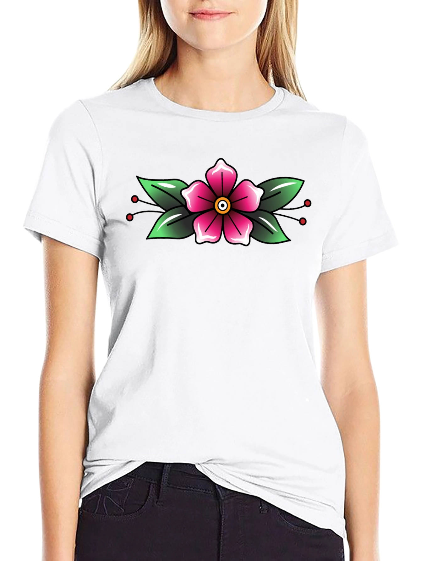 Black T-Shirt with Floral Tattoo Style Design