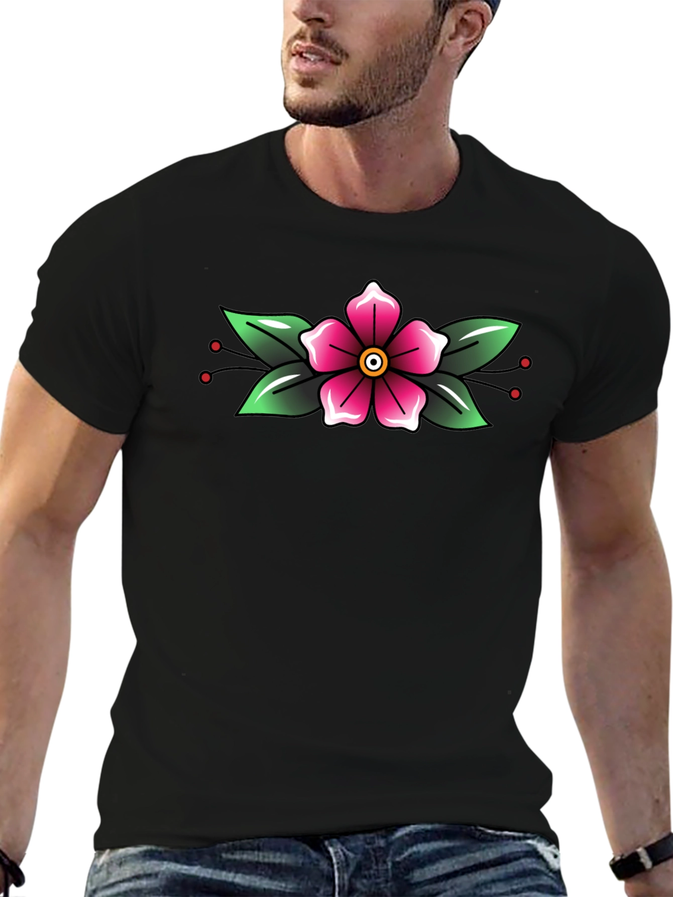 Black T-Shirt with Floral Tattoo Style Design