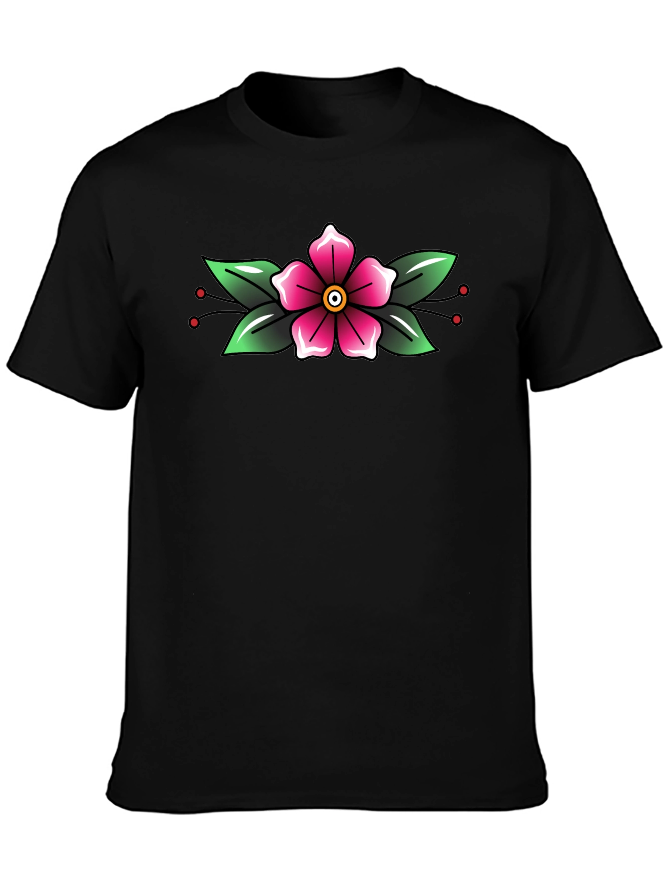 Black T-Shirt with Floral Tattoo Style Design