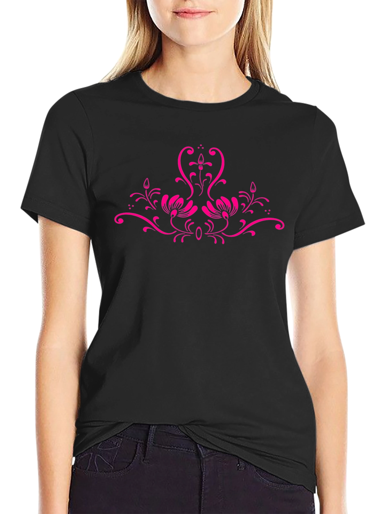 Black Tee with Floral Pink Design