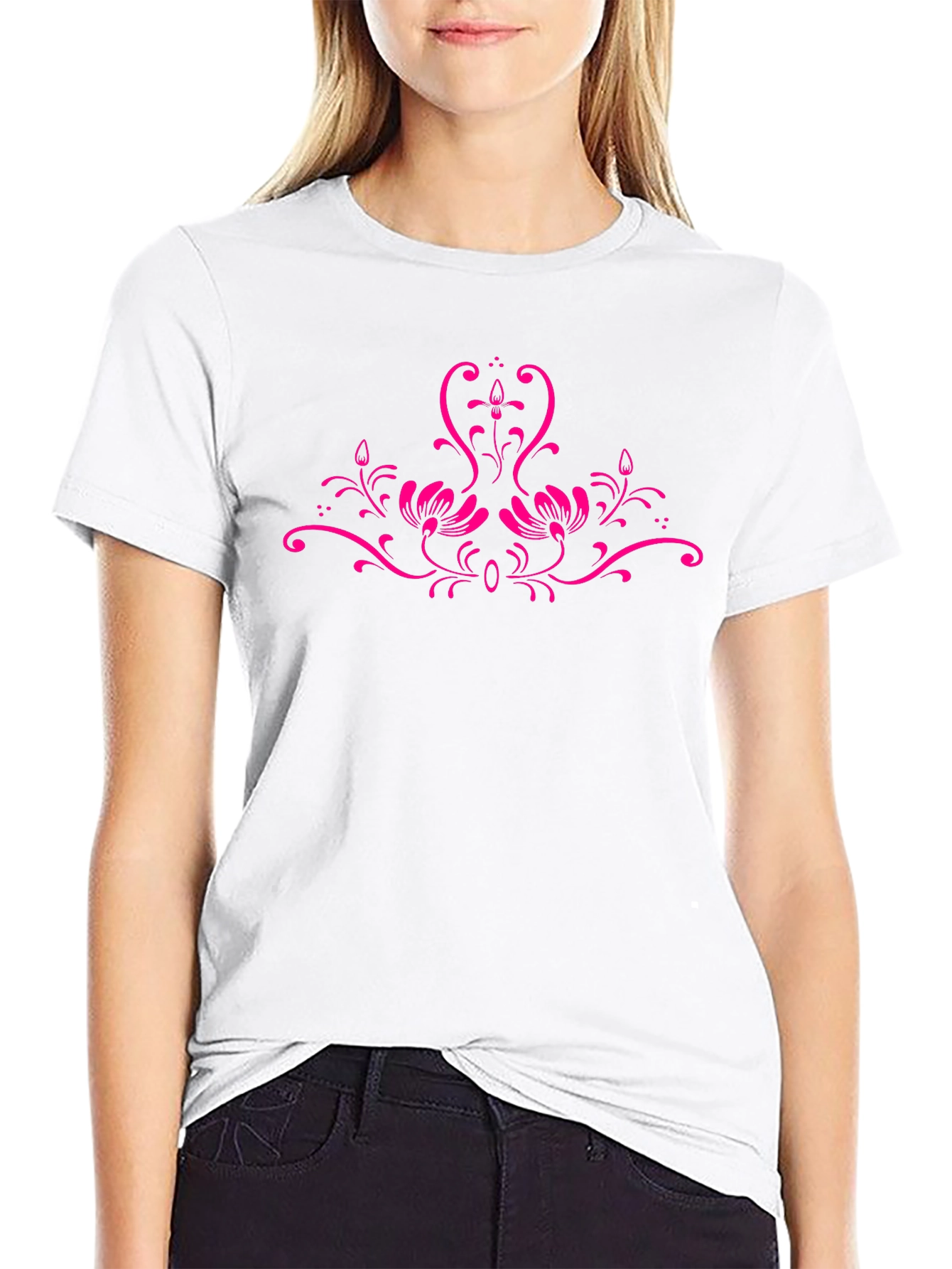 Black Tee with Floral Pink Design
