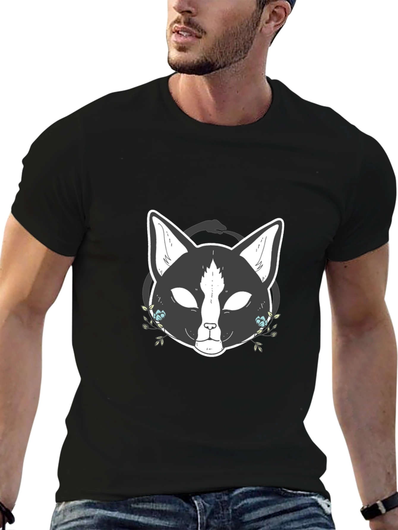 Mystic Cat Graphic Tee - Black Cotton T-Shirt