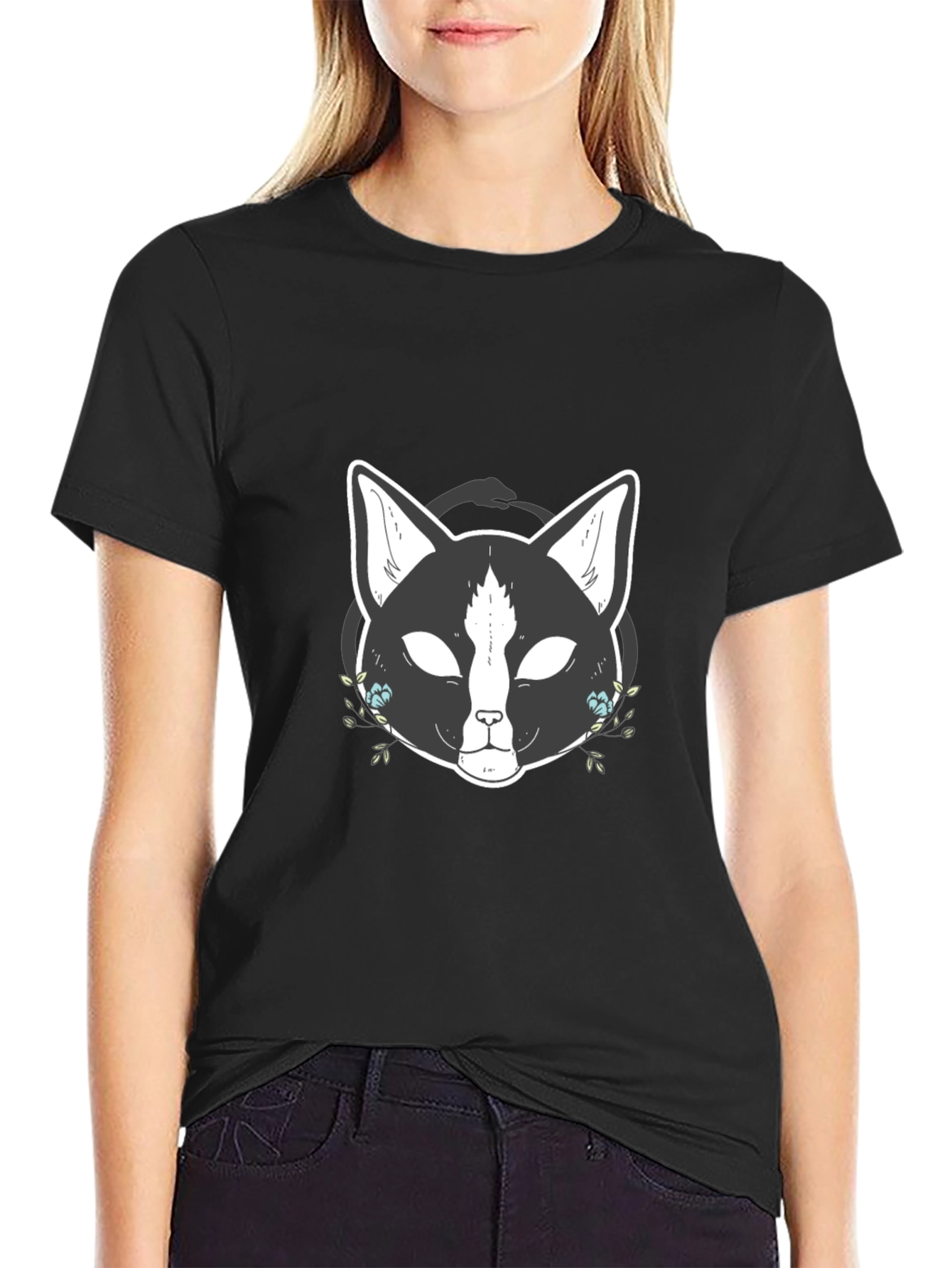 Mystic Cat Graphic Tee - Black Cotton T-Shirt