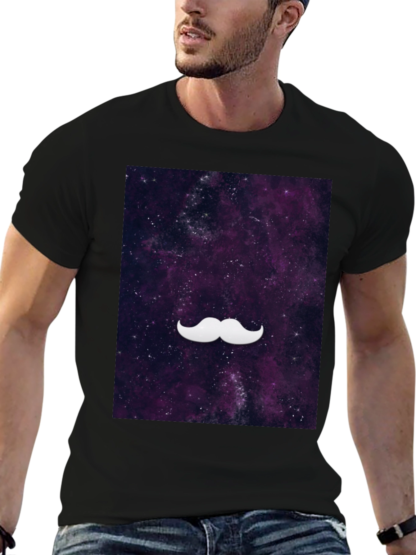 Galaxy Mustache Graphic Tee - Stylish Black Cotton T-Shirt