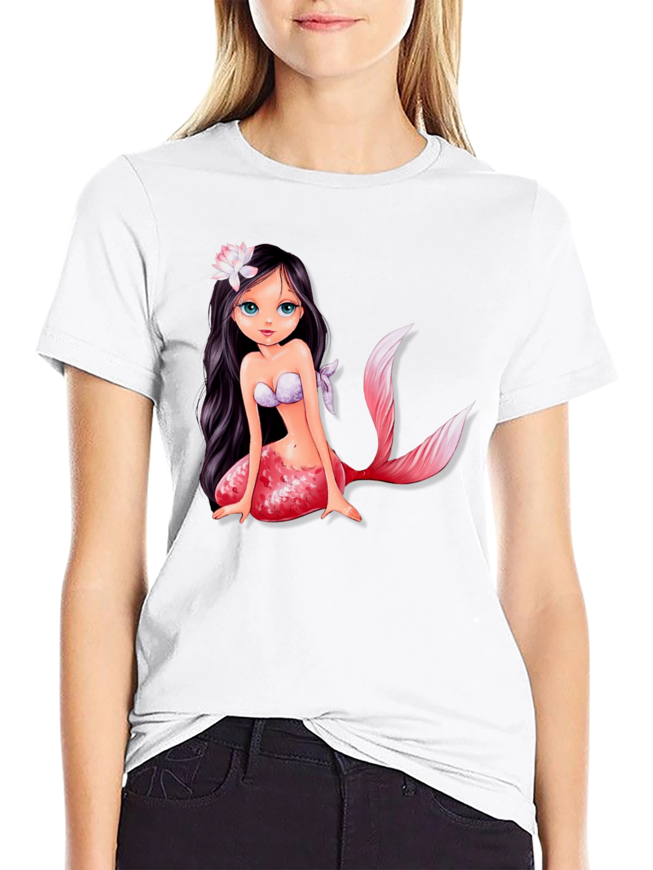 Mermaid Graphic Tee - Black Cotton Casual
