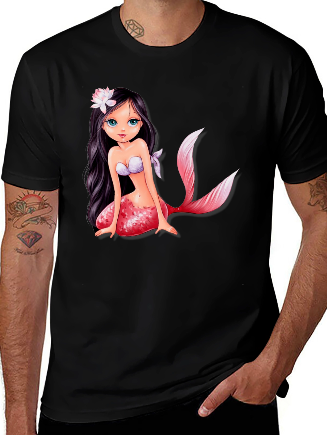 Mermaid Graphic Tee - Black Cotton Casual