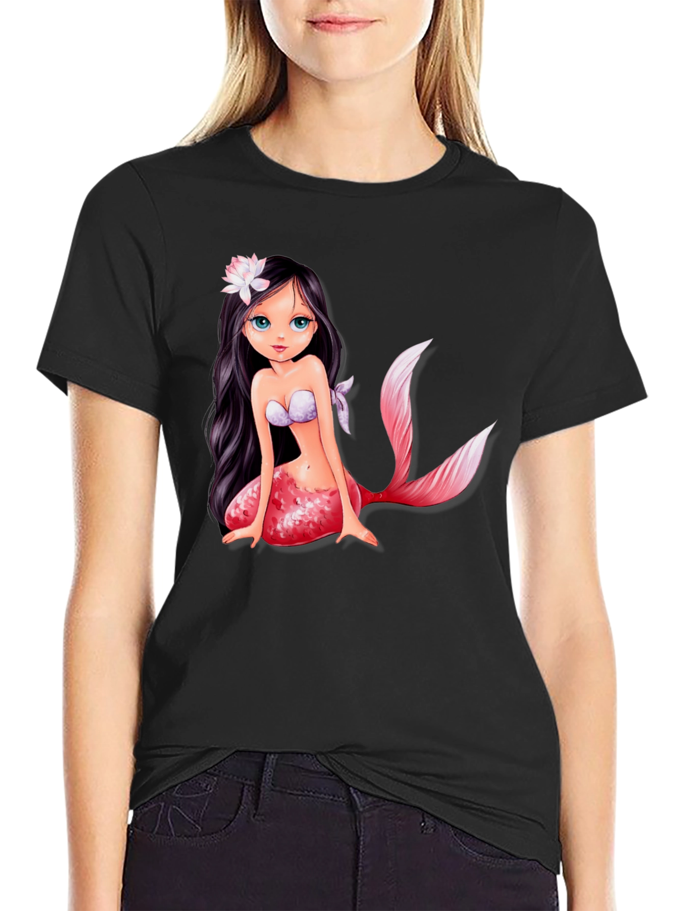 Mermaid Graphic Tee - Black Cotton Casual