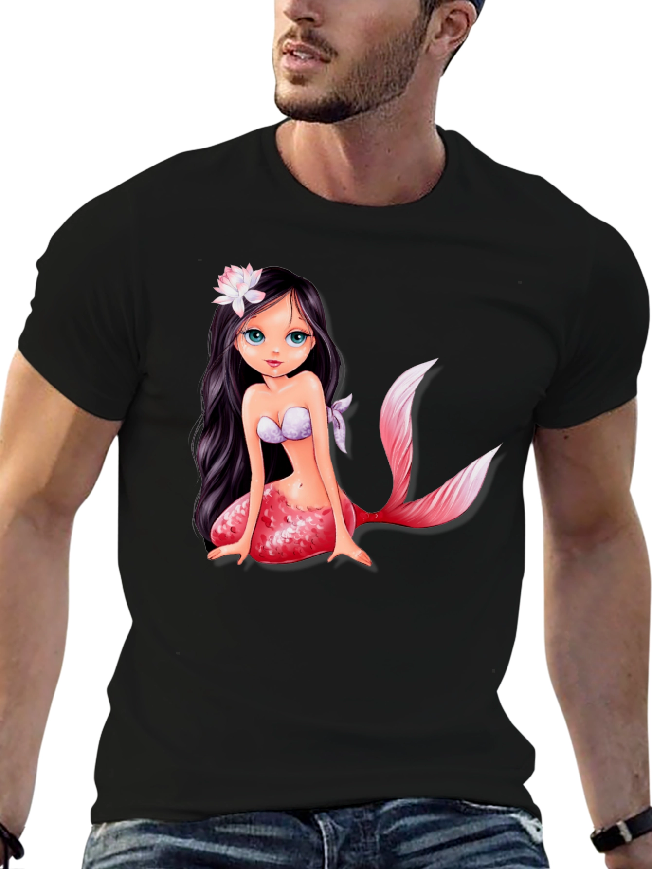 Mermaid Graphic Tee - Black Cotton Casual