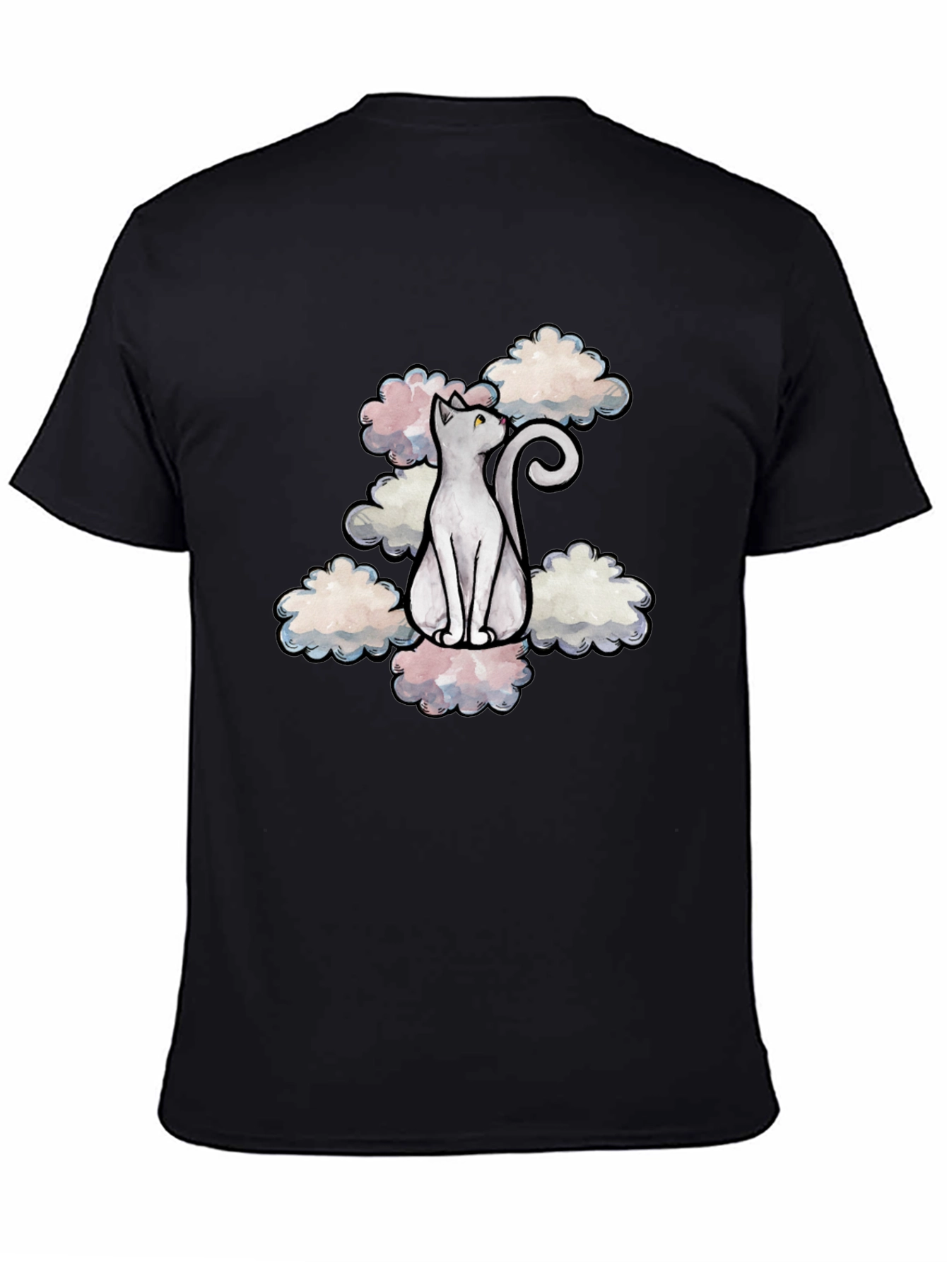 Cat in Clouds Graphic Tee - Black Cotton T-Shirt