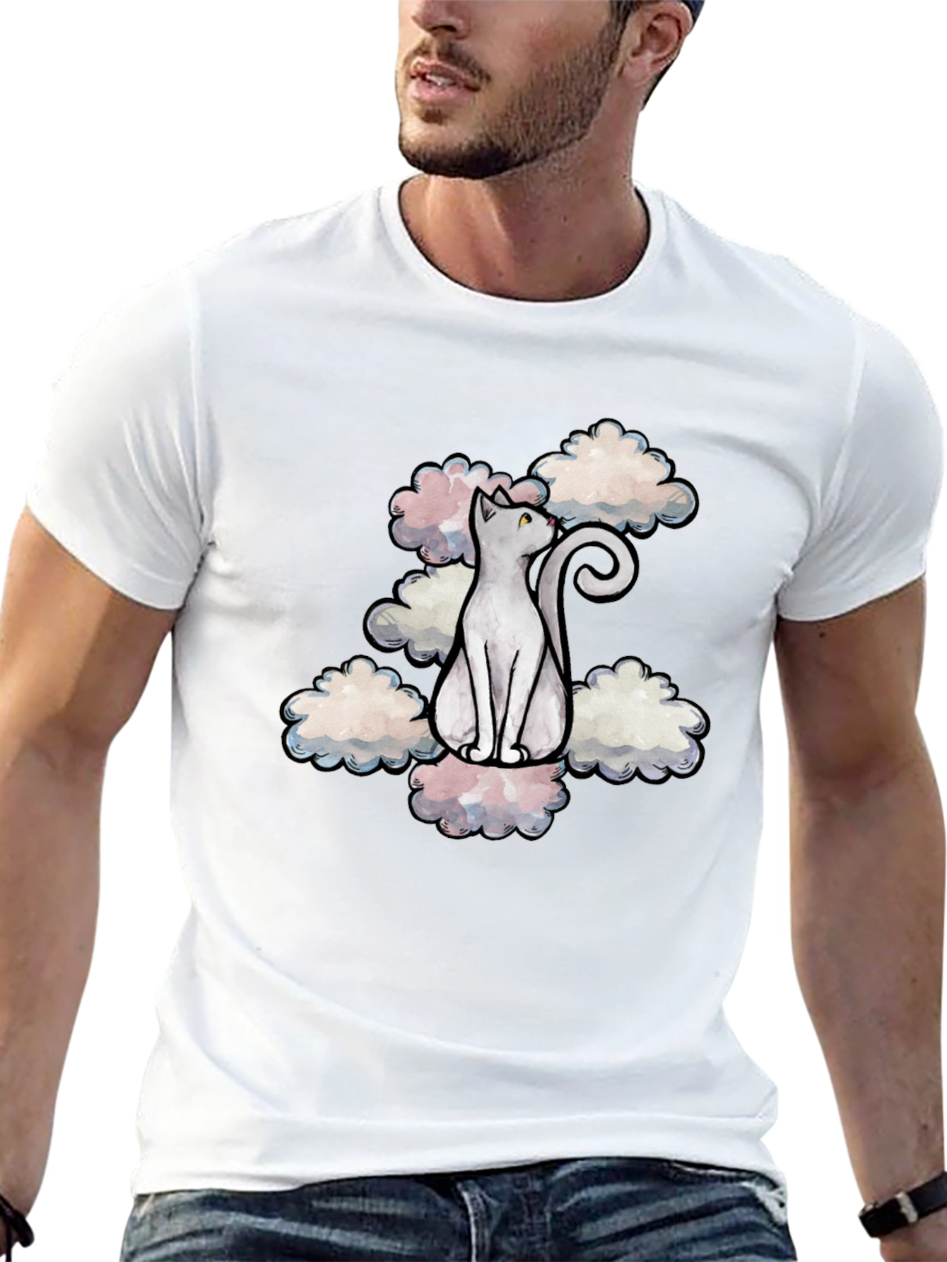 Cat in Clouds Graphic Tee - Black Cotton T-Shirt