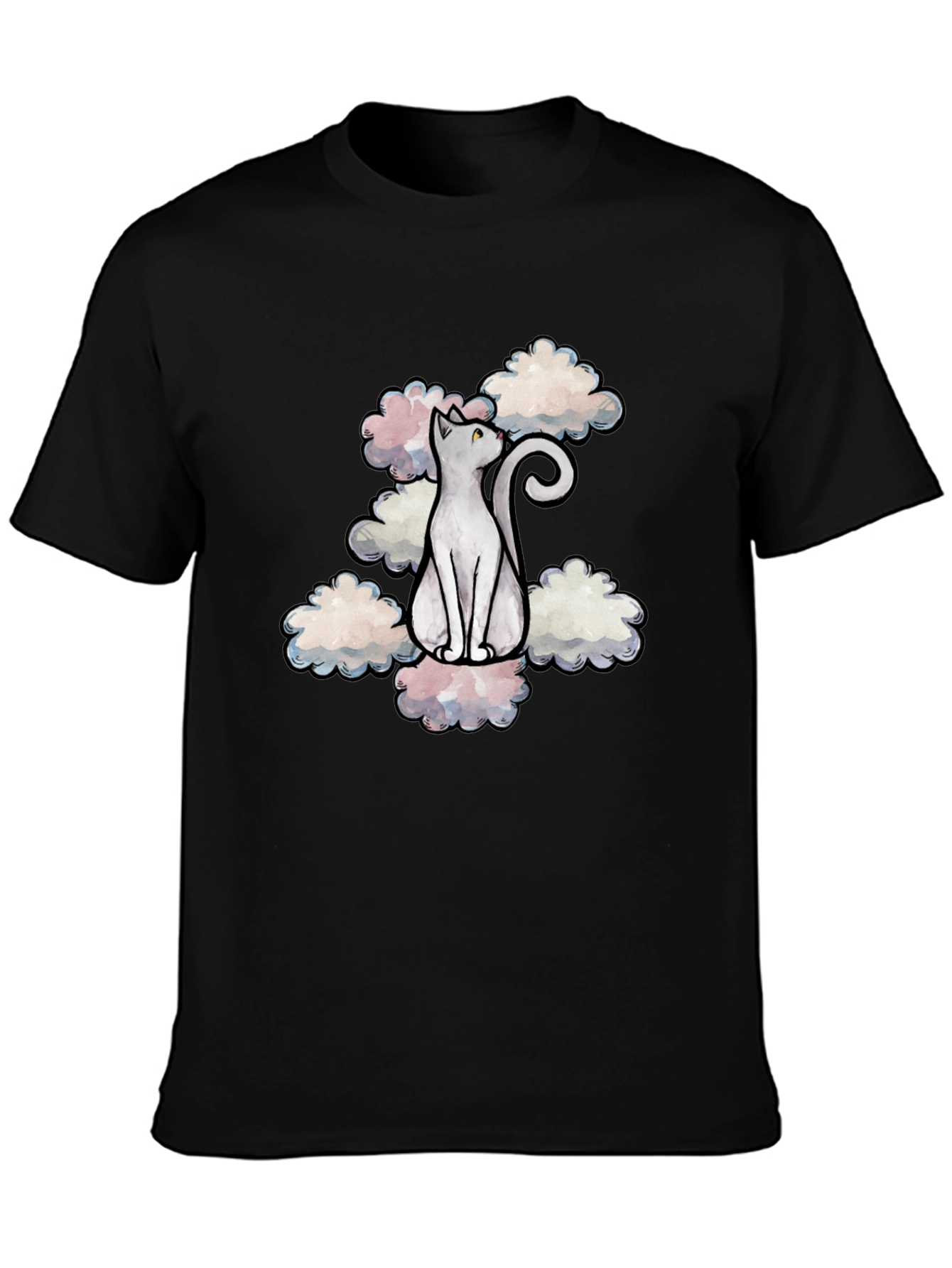 Cat in Clouds Graphic Tee - Black Cotton T-Shirt
