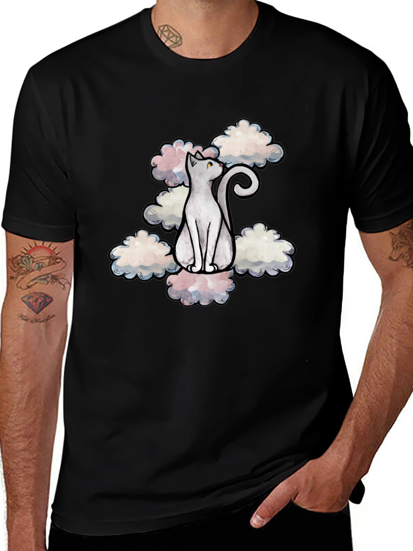 Cat in Clouds Graphic Tee - Black Cotton T-Shirt