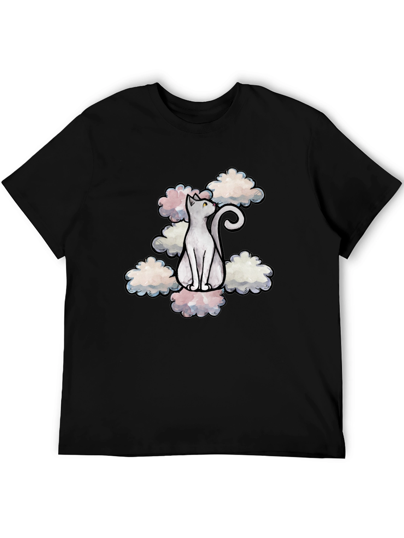 Cat in Clouds Graphic Tee - Black Cotton T-Shirt