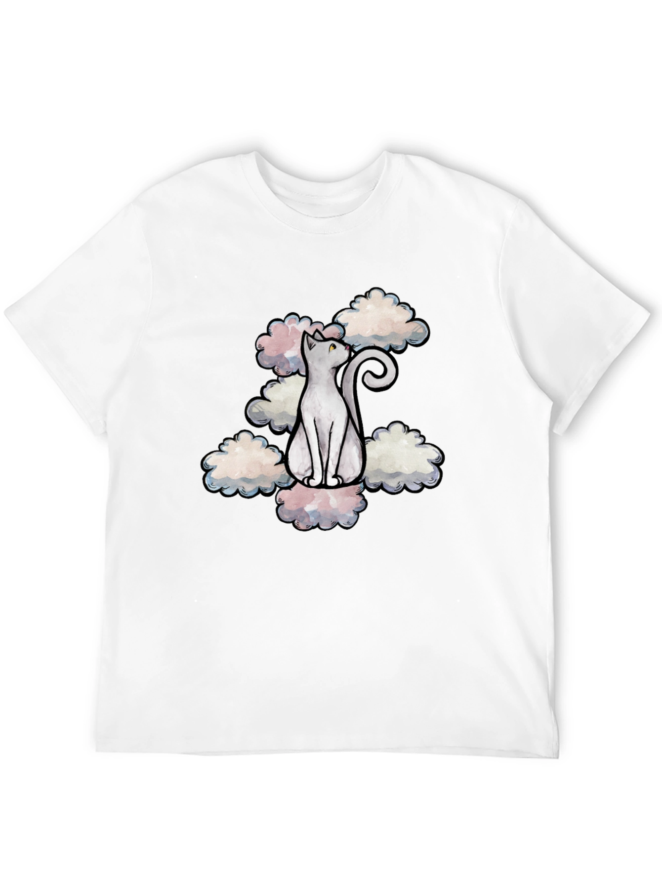 Cat in Clouds Graphic Tee - Black Cotton T-Shirt