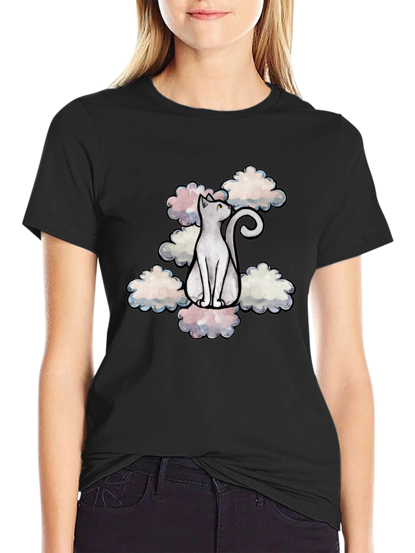 Cat in Clouds Graphic Tee - Black Cotton T-Shirt