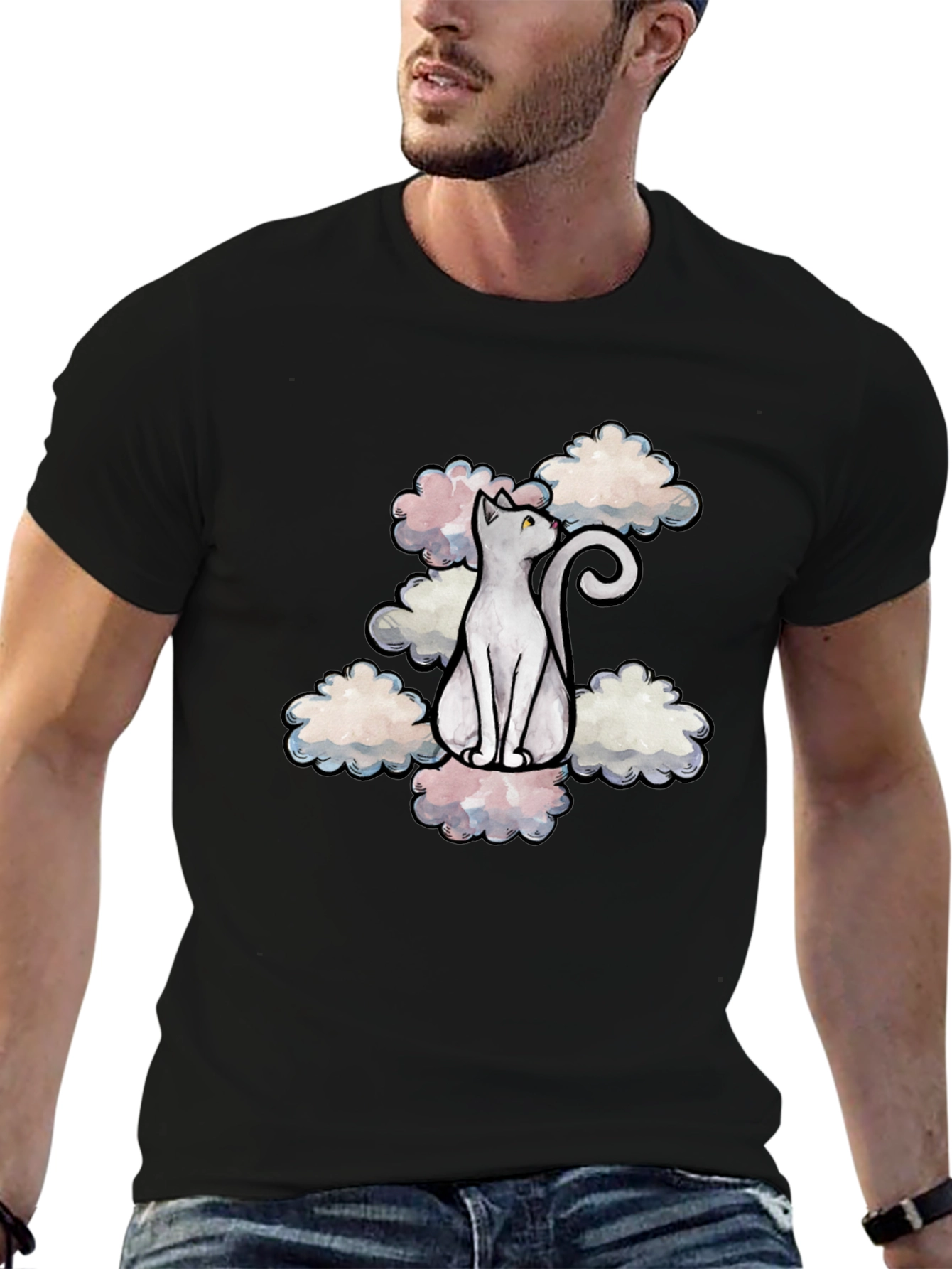 Cat in Clouds Graphic Tee - Black Cotton T-Shirt