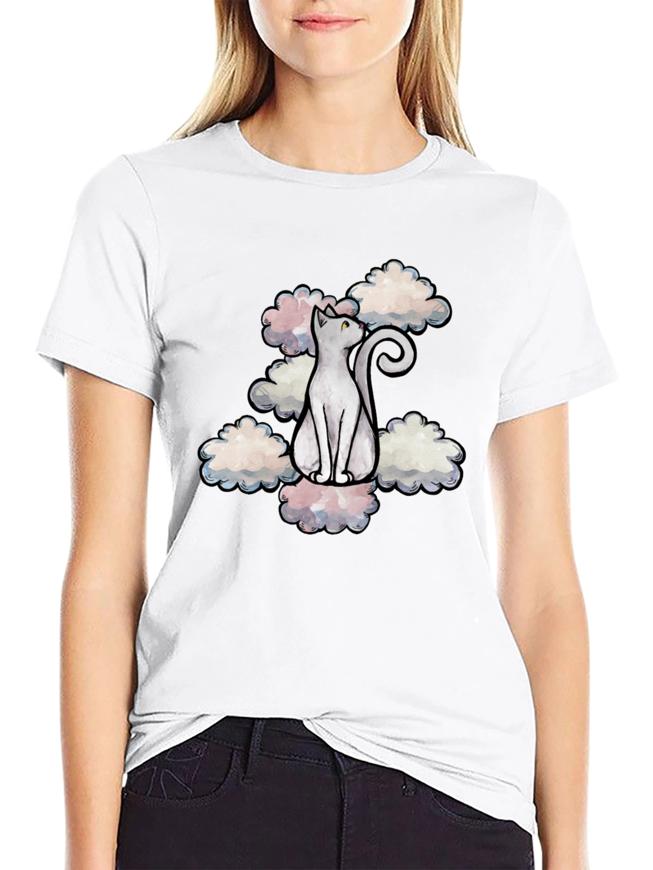 Cat in Clouds Graphic Tee - Black Cotton T-Shirt