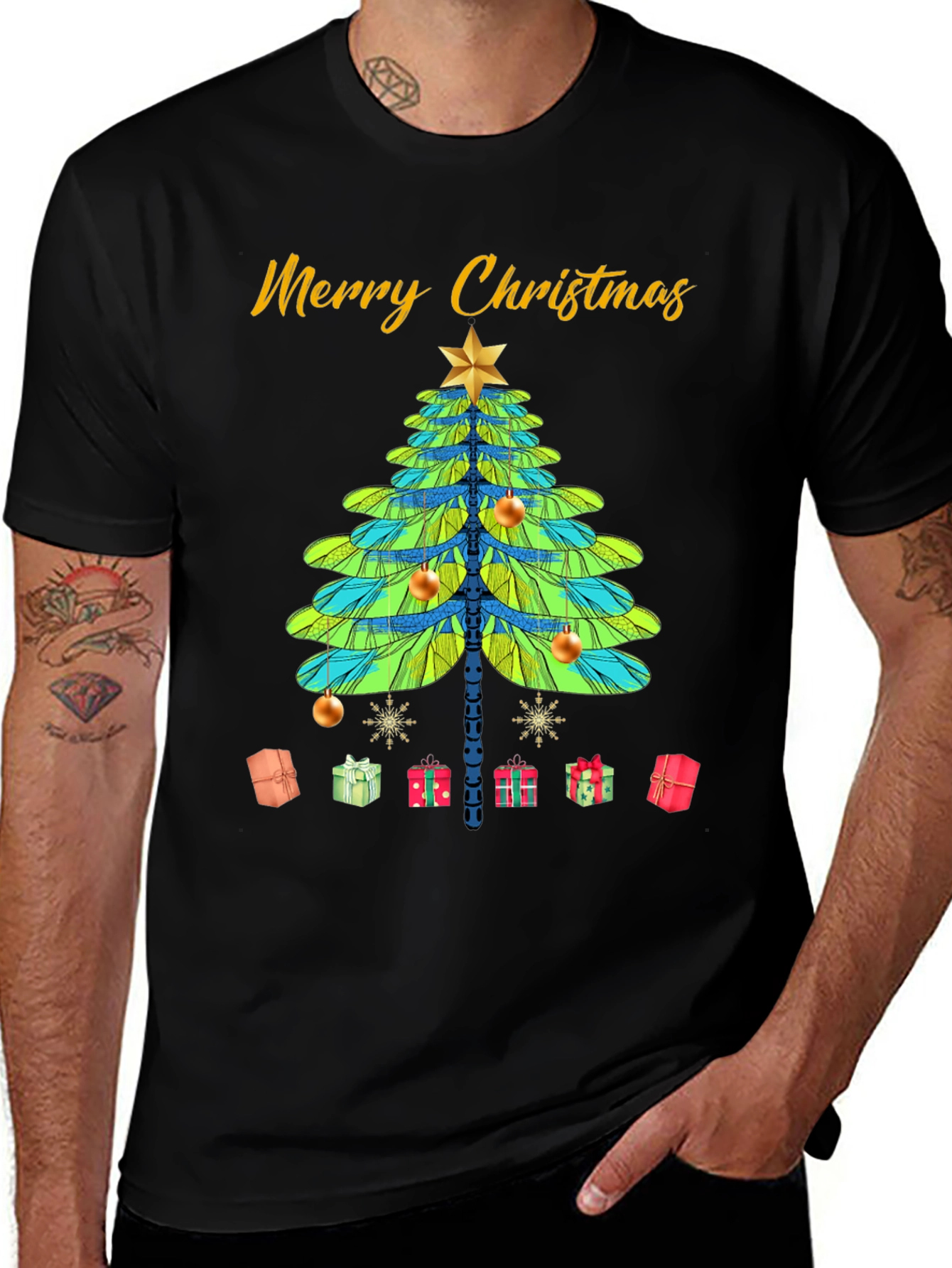 Festive Dragonfly Christmas Tree Graphic Tee