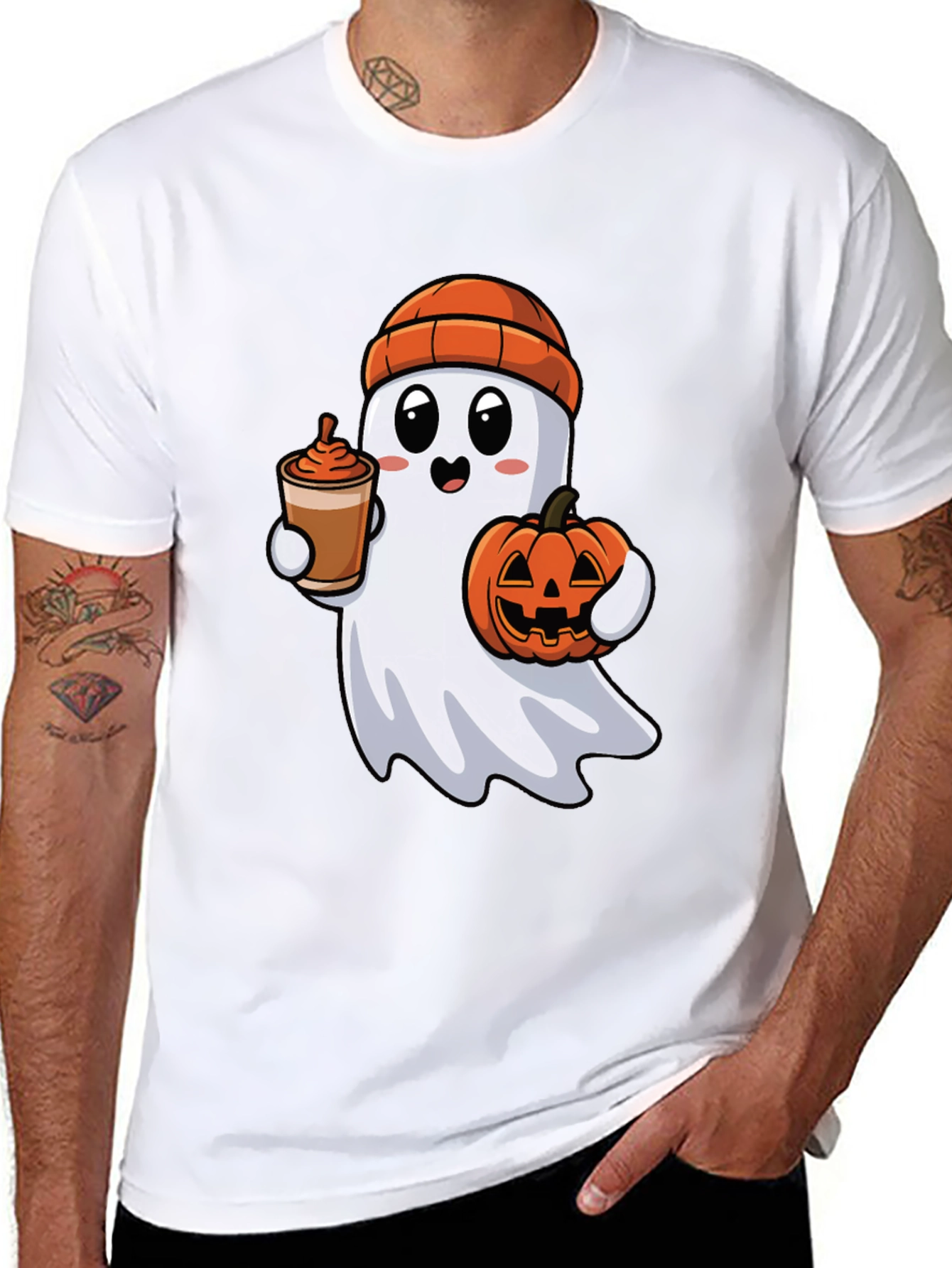 Ghost with Pumpkin & Coffee Halloween T-Shirt