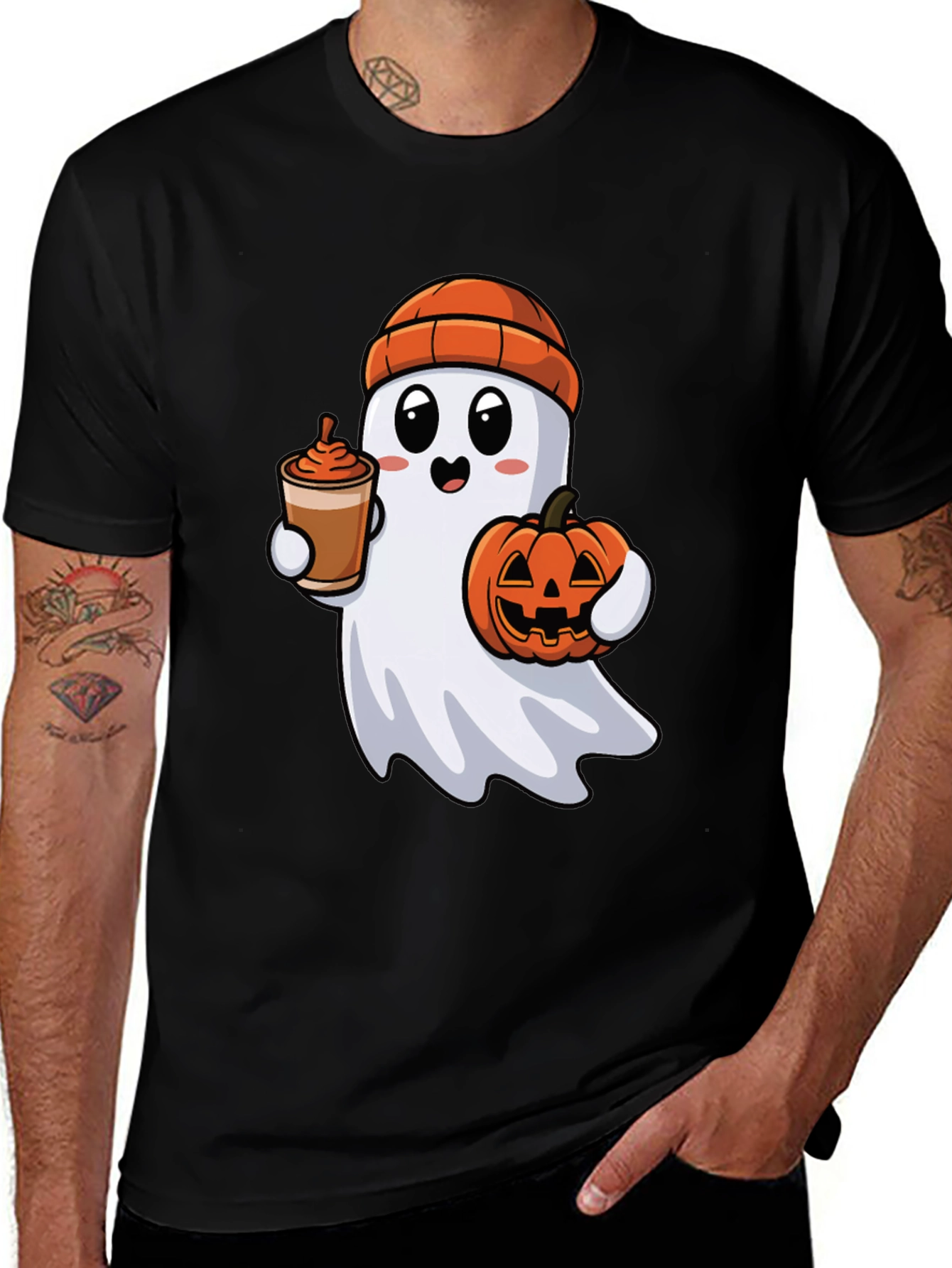Ghost with Pumpkin & Coffee Halloween T-Shirt