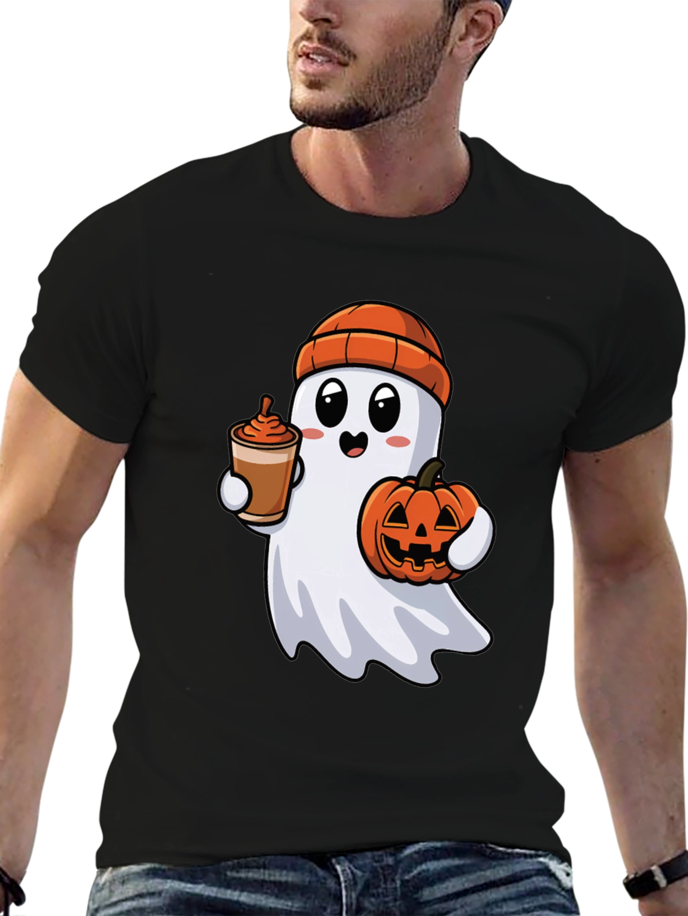 Ghost with Pumpkin & Coffee Halloween T-Shirt