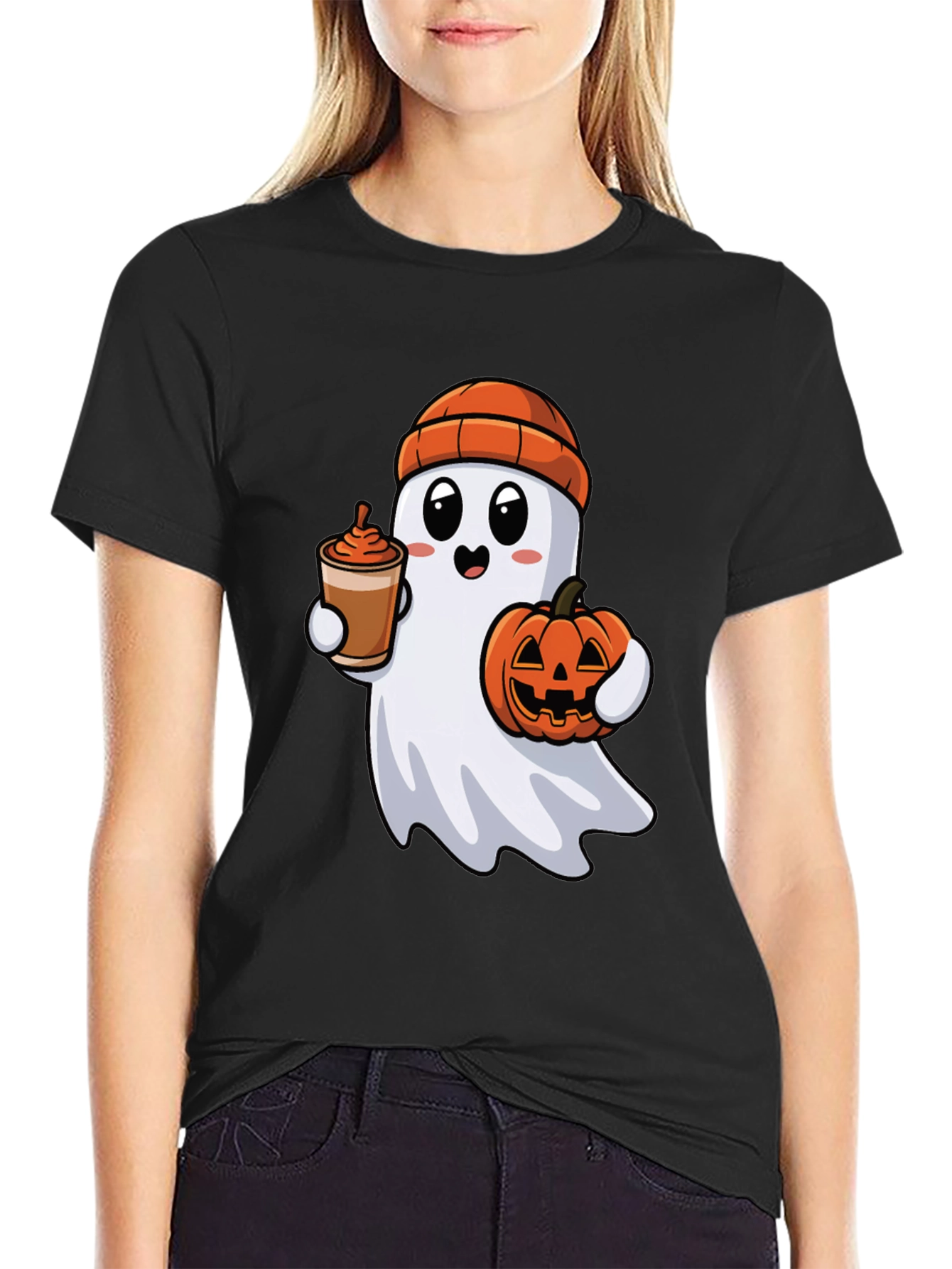 Ghost with Pumpkin & Coffee Halloween T-Shirt