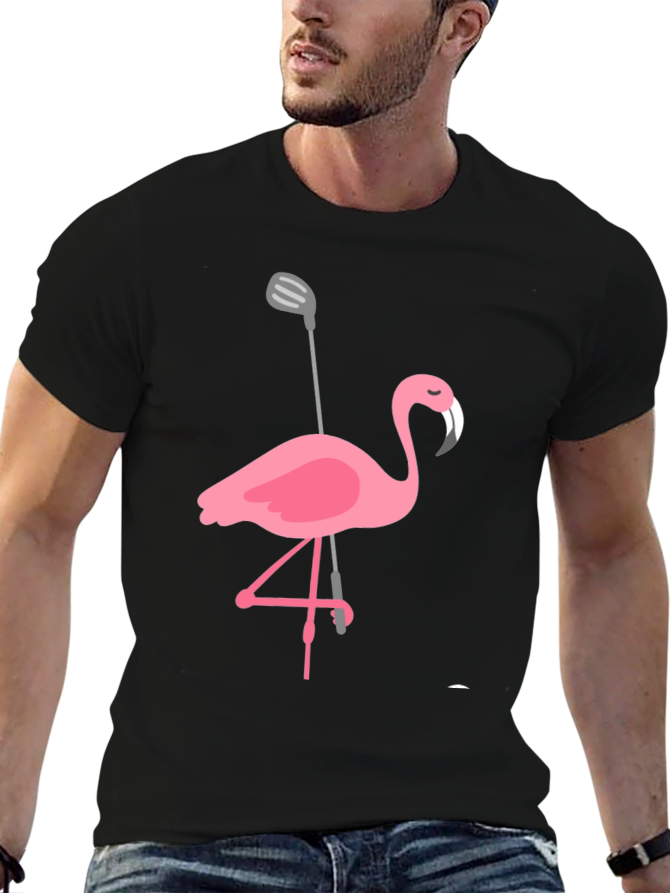 Golfing Flamingo Graphic Tee - Black