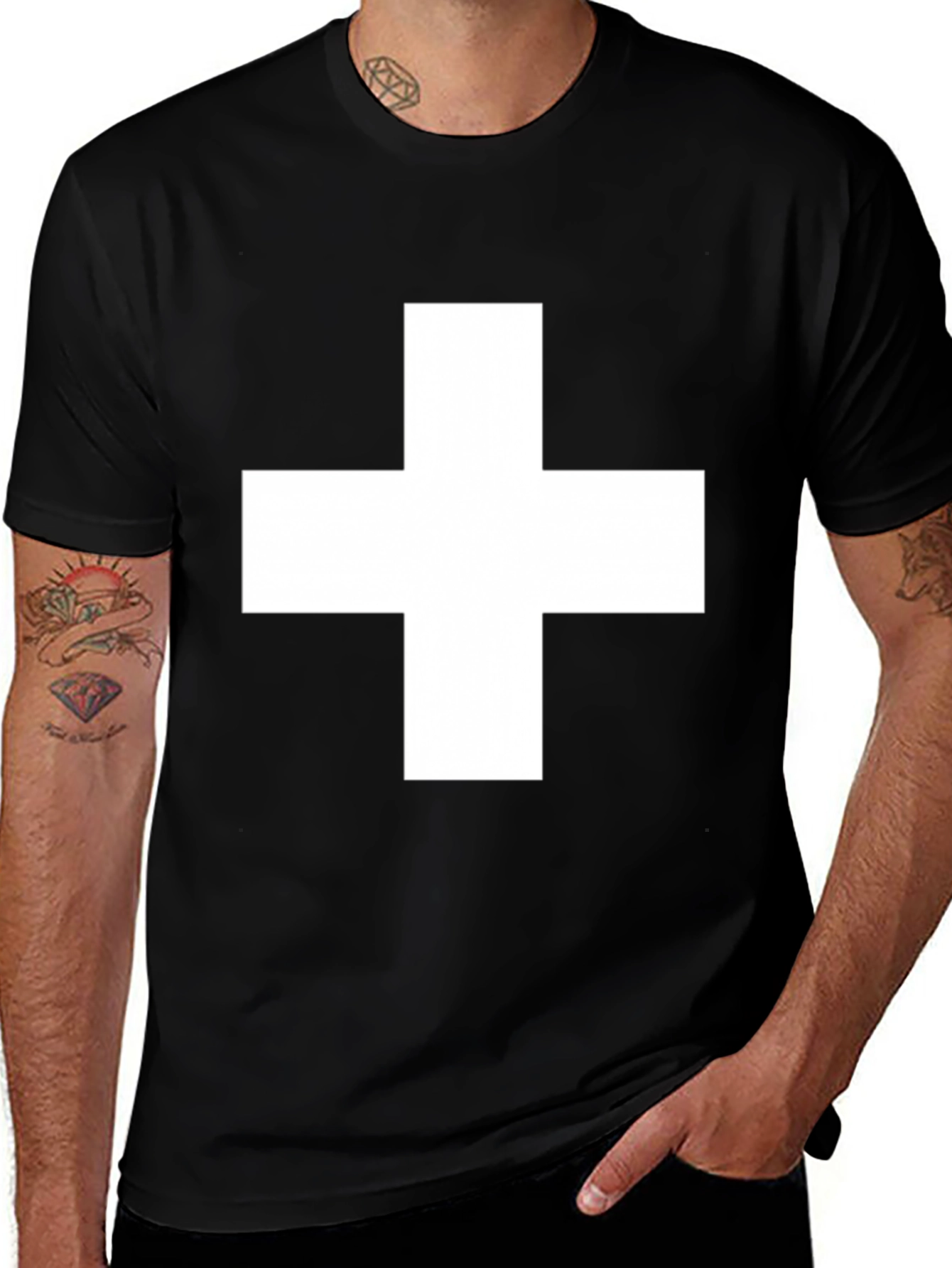 Black T-Shirt with White Cross Graphic