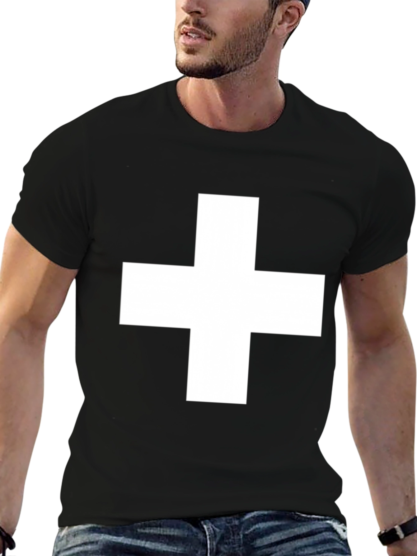 Black T-Shirt with White Cross Graphic
