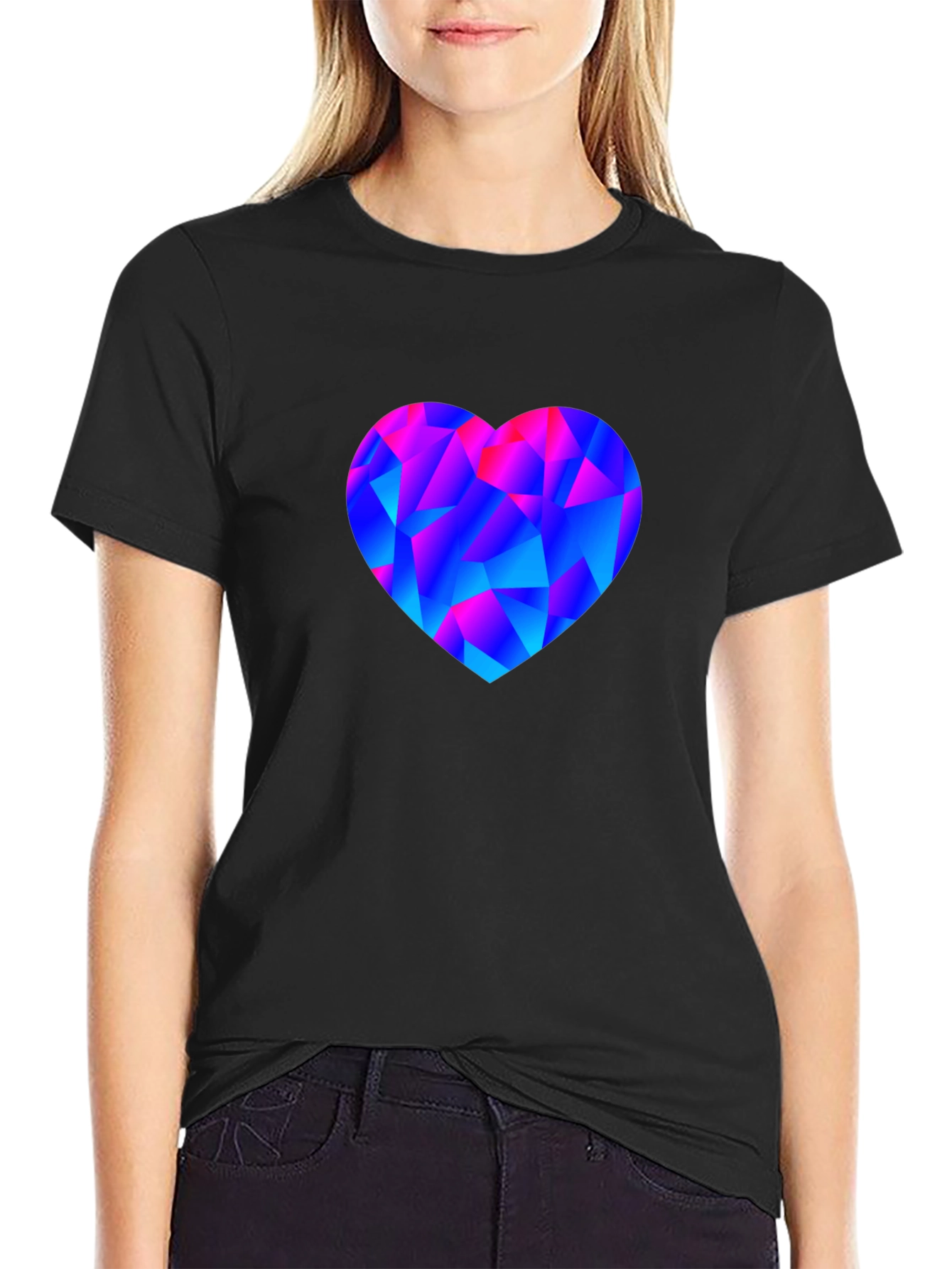 Geometric Heart Print Black T-Shirt