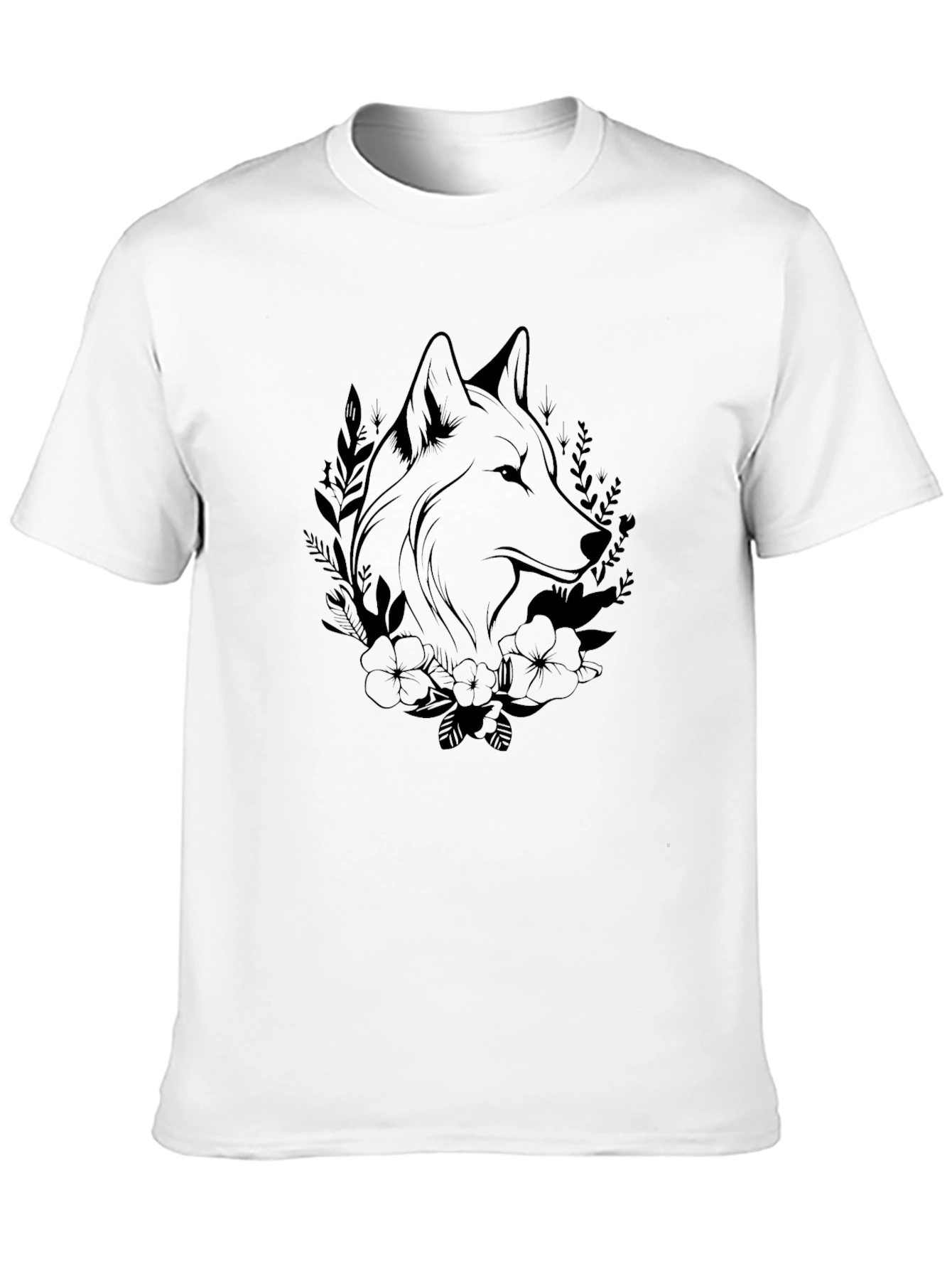 Wolf & Floral Graphic Black T-Shirt