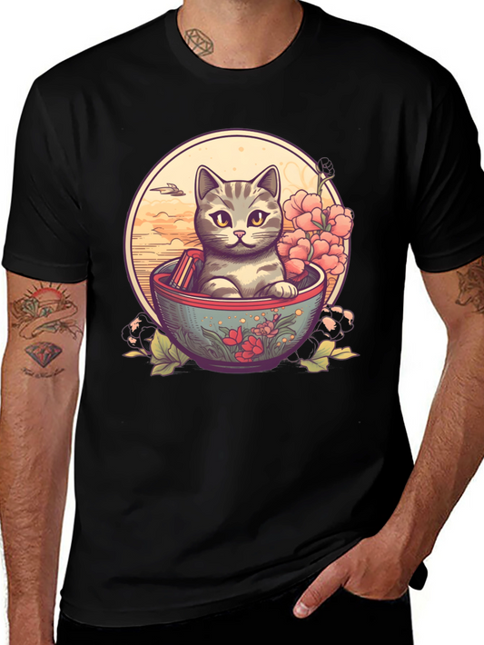 Cat in Bowl Graphic Tee - Unique Pet Lovers T-Shirt