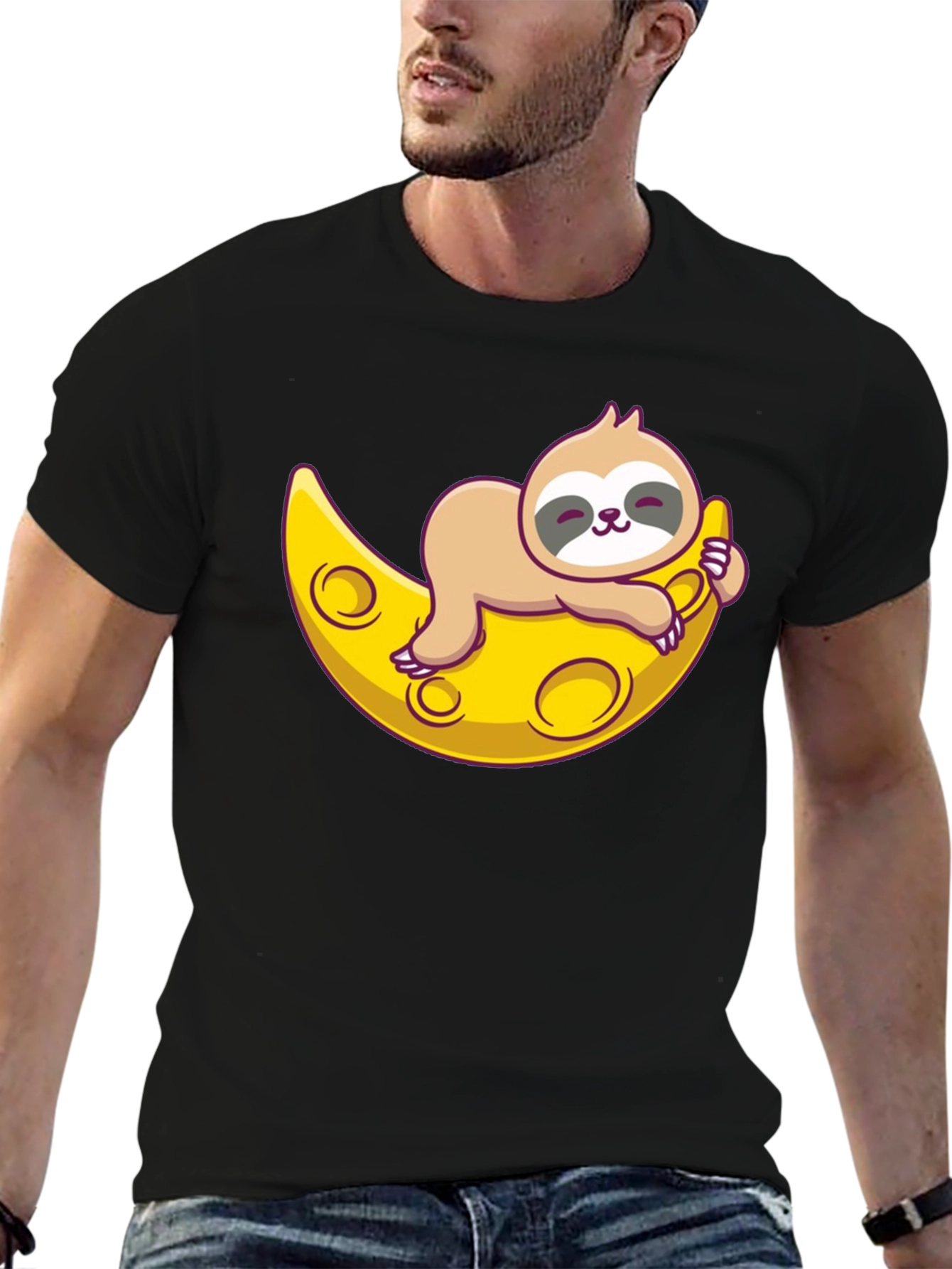 Cute Sloth Moon Graphic Tee - Relaxed Fit T-Shirt