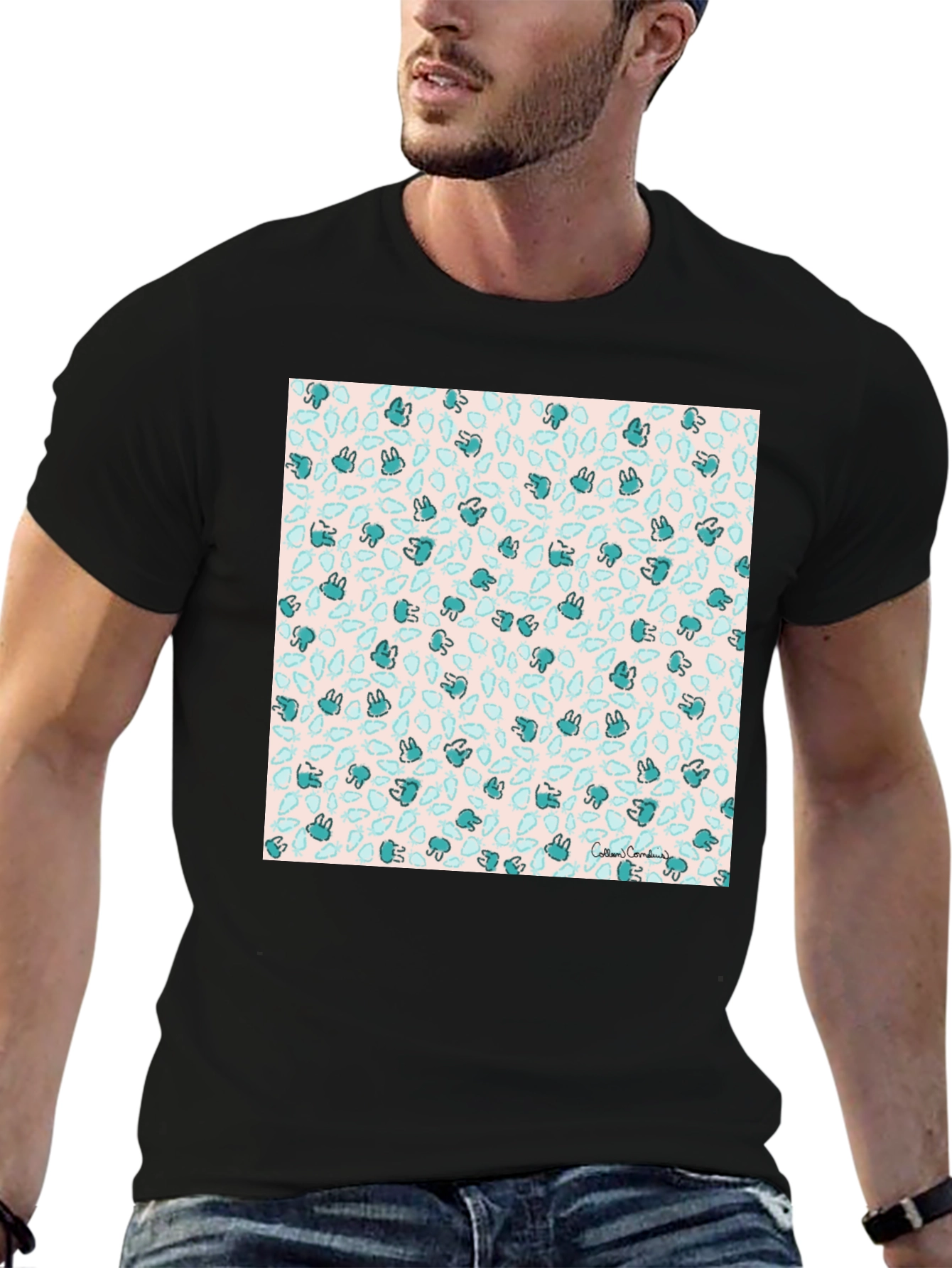 Bunny Pattern Black T-Shirt