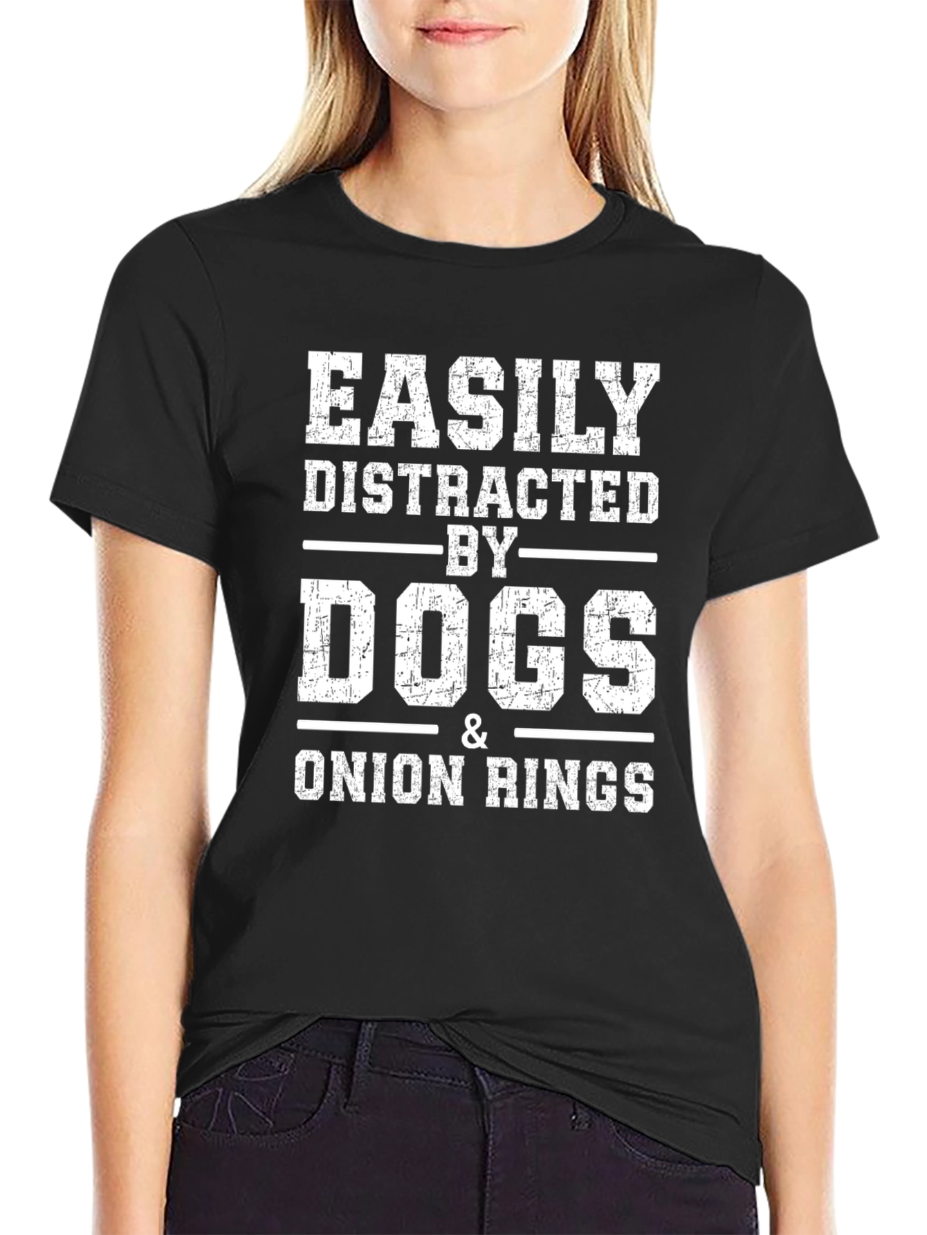 Easily Distracted by Dogs & Onion Rings Black T-Shirt