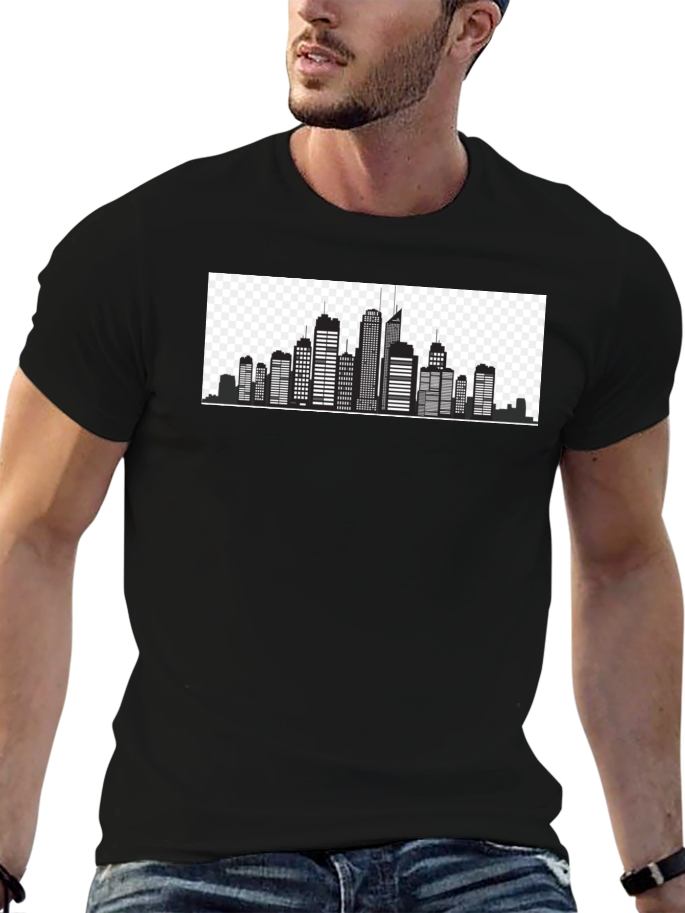 Urban Skyline Graphic Tee - Black Cotton T-Shirt