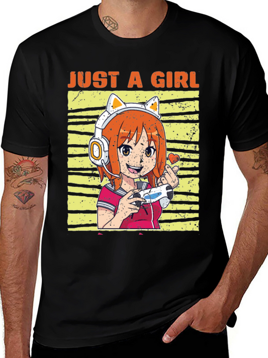 Just A Girl Gamer T-Shirt Cute Anime Girl Black Tee