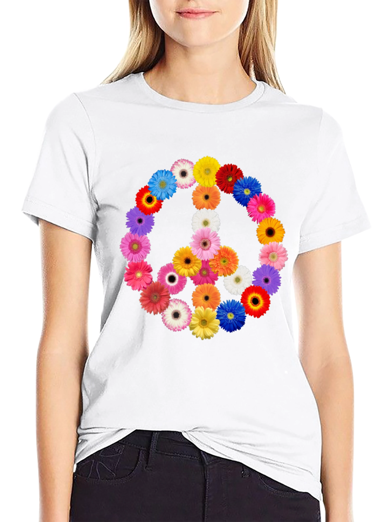 Floral Peace Sign Black T-Shirt