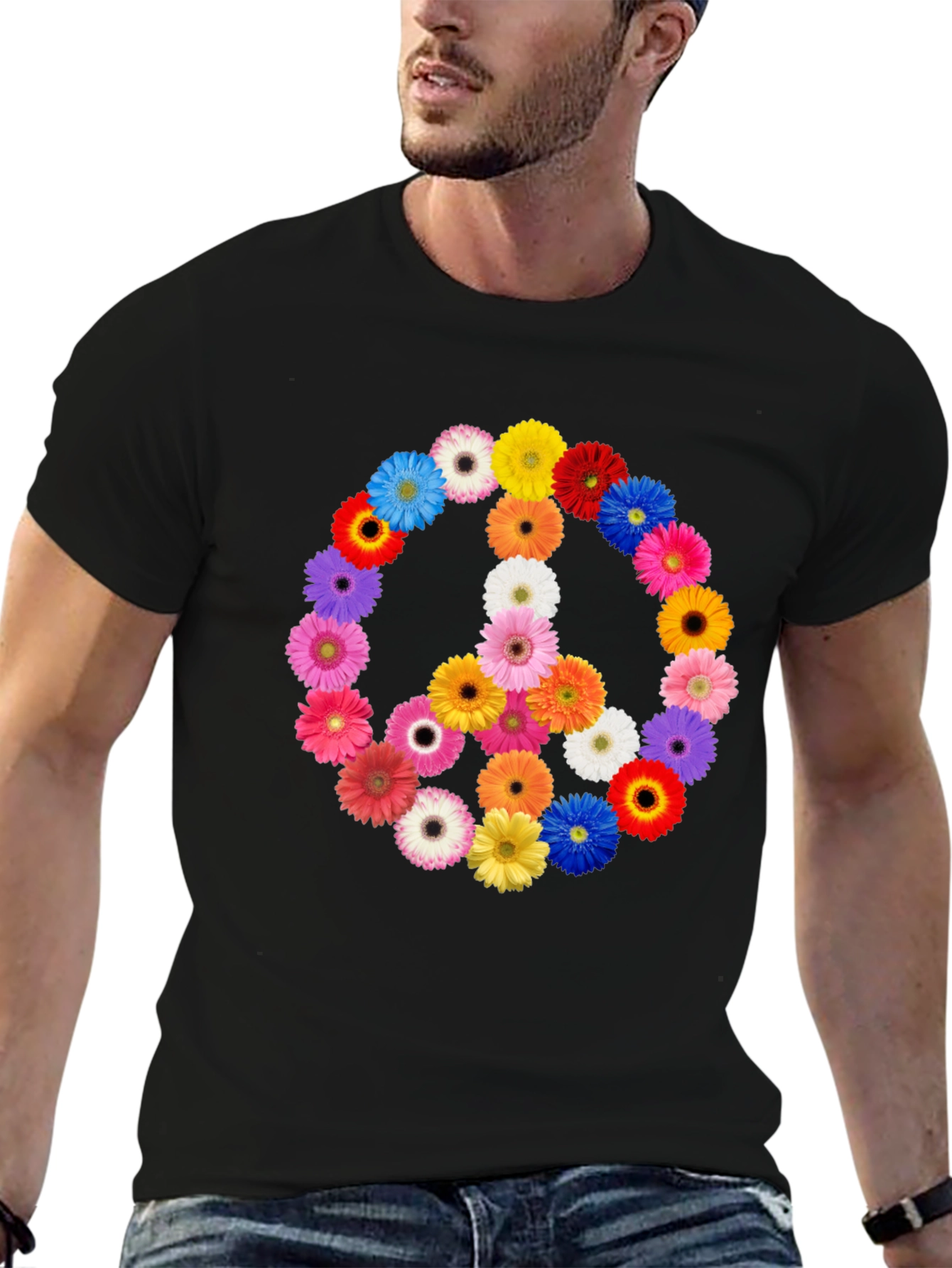 Floral Peace Sign Black T-Shirt