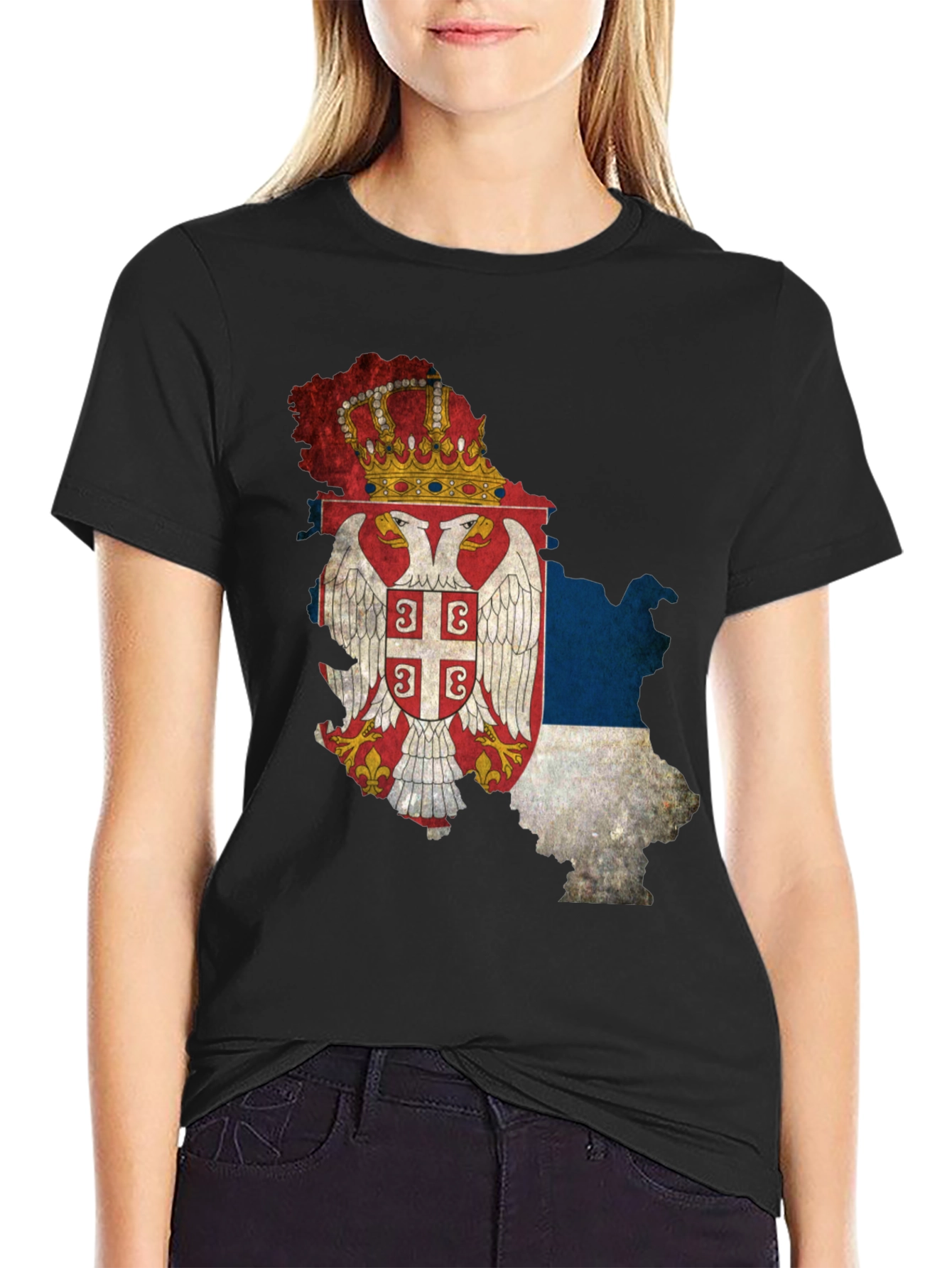 Serbian Flag Map Black T-Shirt