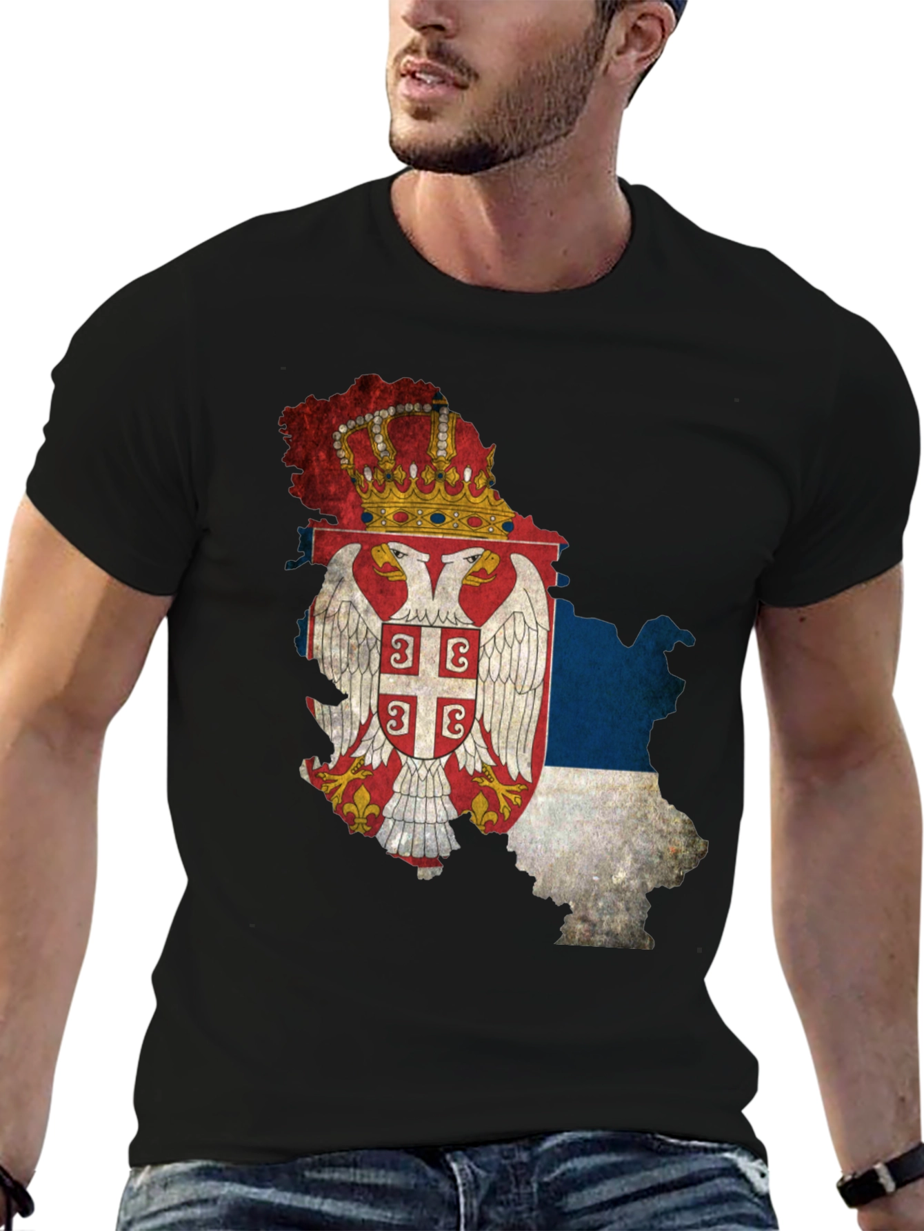 Serbian Flag Map Black T-Shirt