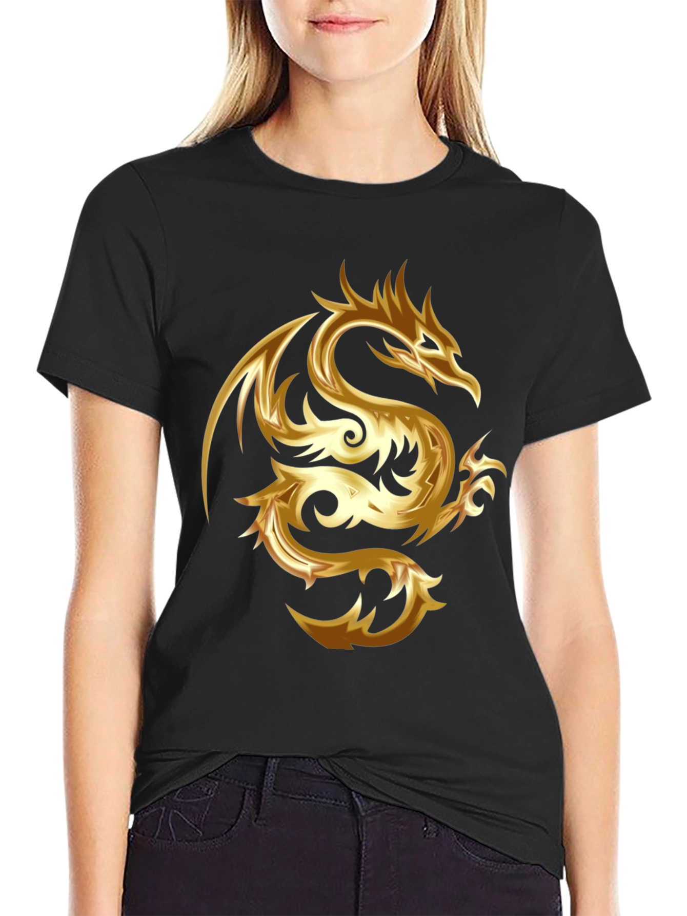 Golden Dragon Graphic Print Black T-Shirt