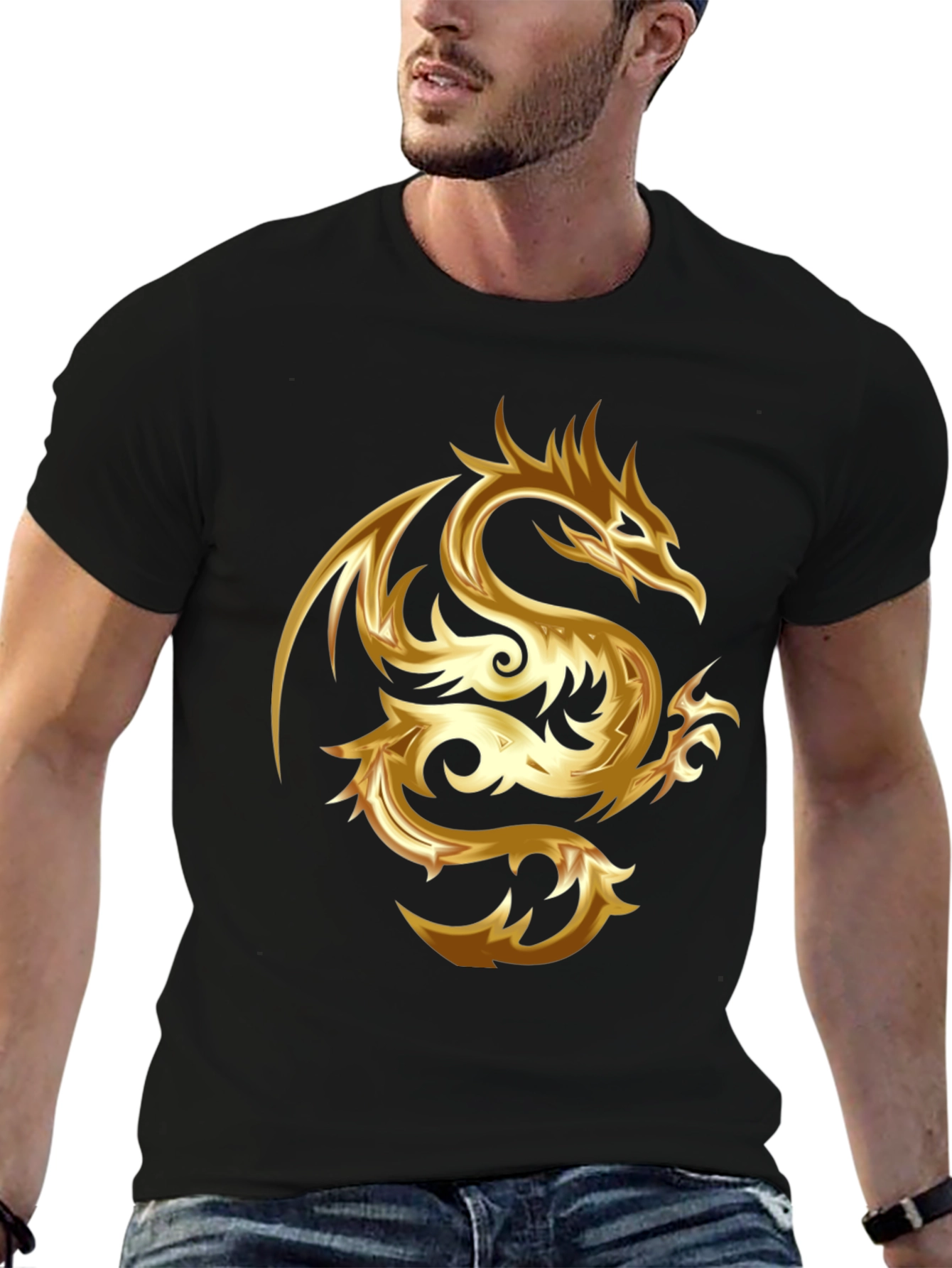Golden Dragon Graphic Print Black T-Shirt