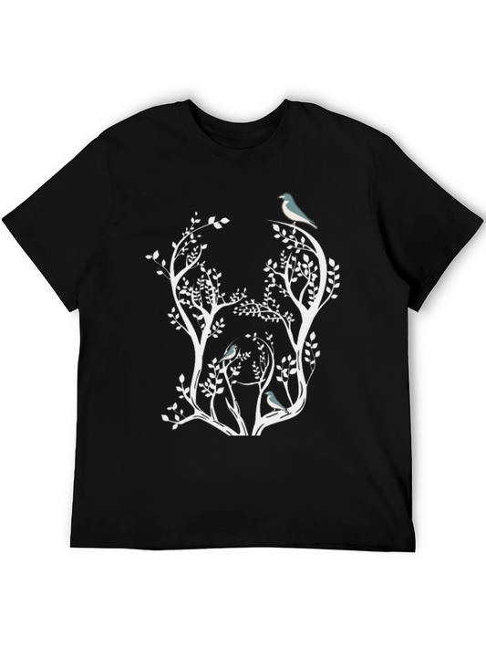 Nature Inspired Bird & Tree Graphic Black T-Shirt