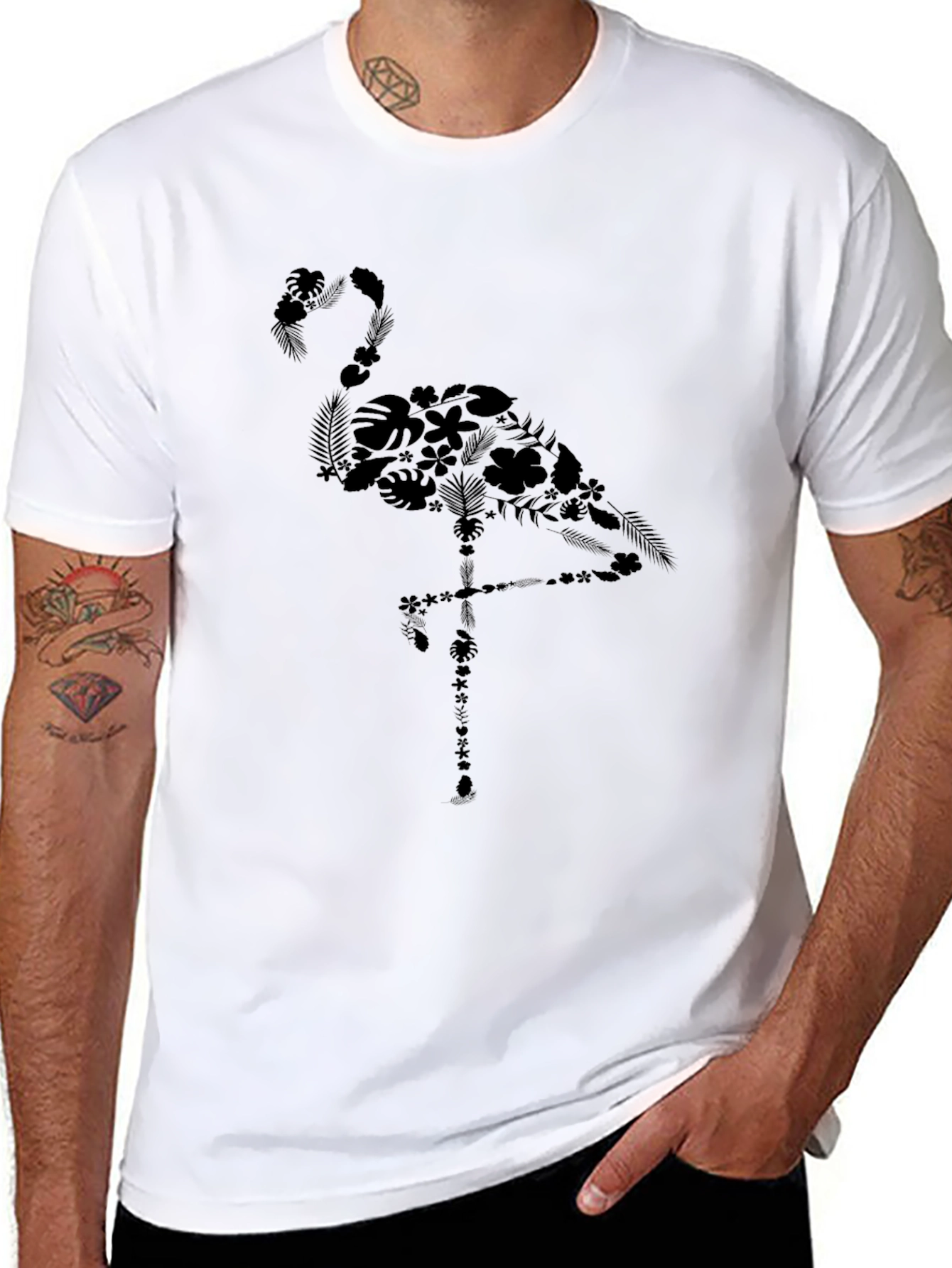 Floral Flamingo Graphic Tee - Casual Black T-Shirt