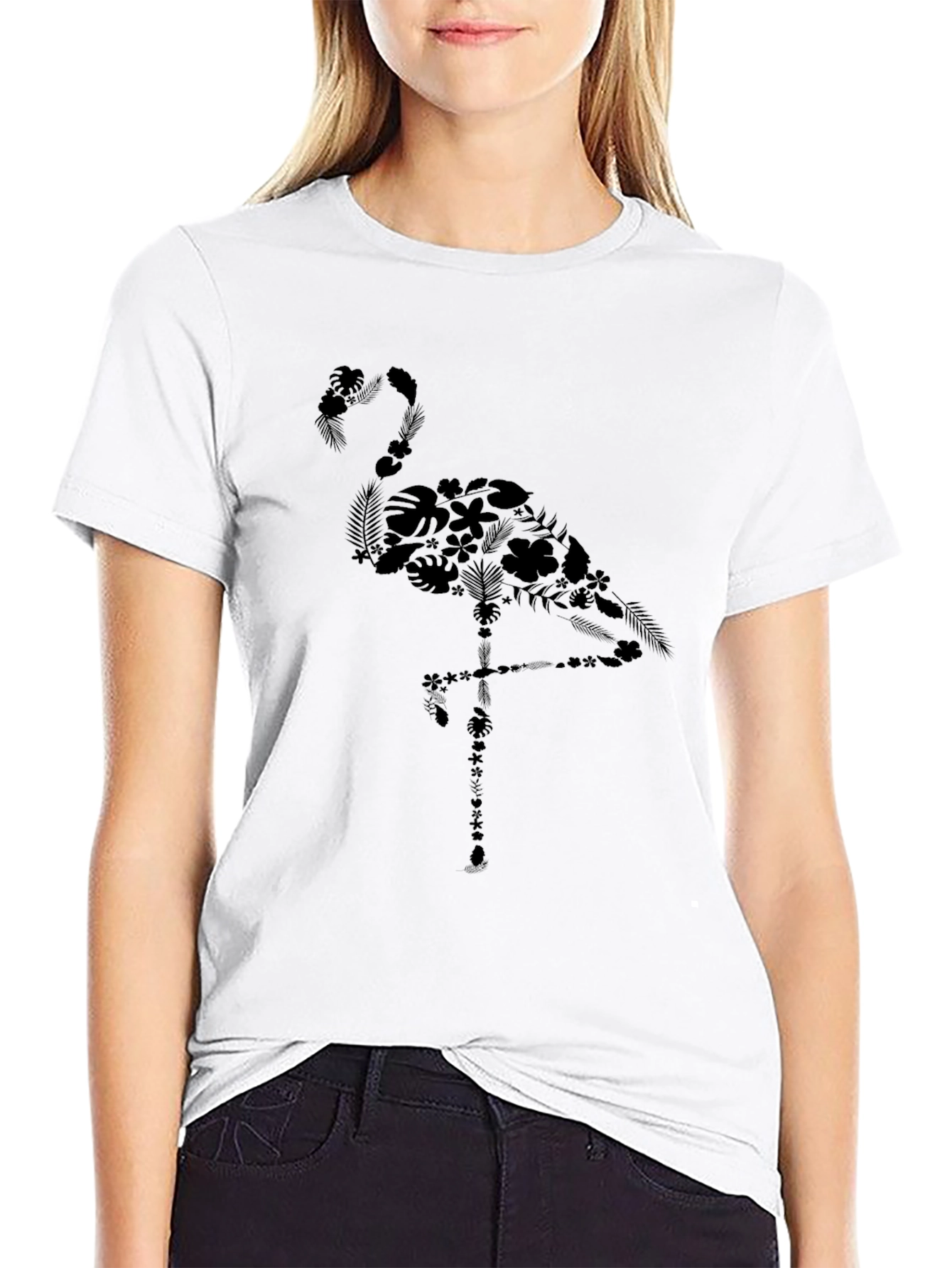 Floral Flamingo Graphic Tee - Casual Black T-Shirt