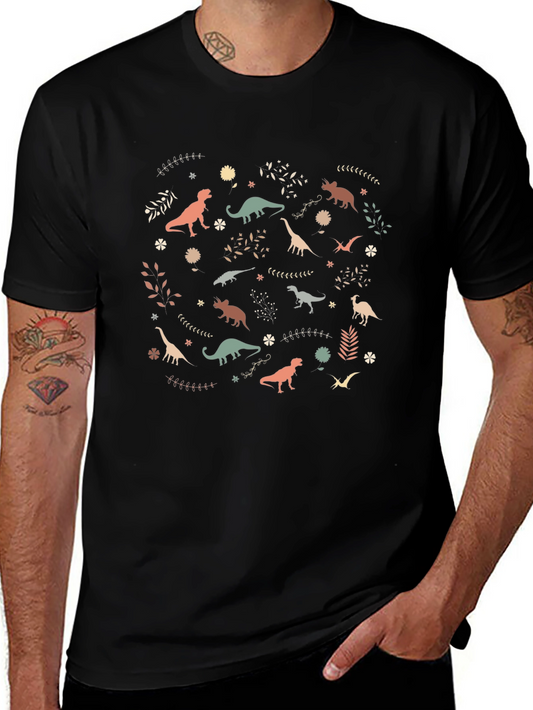 Dinosaur Pattern Black Cotton T-Shirt