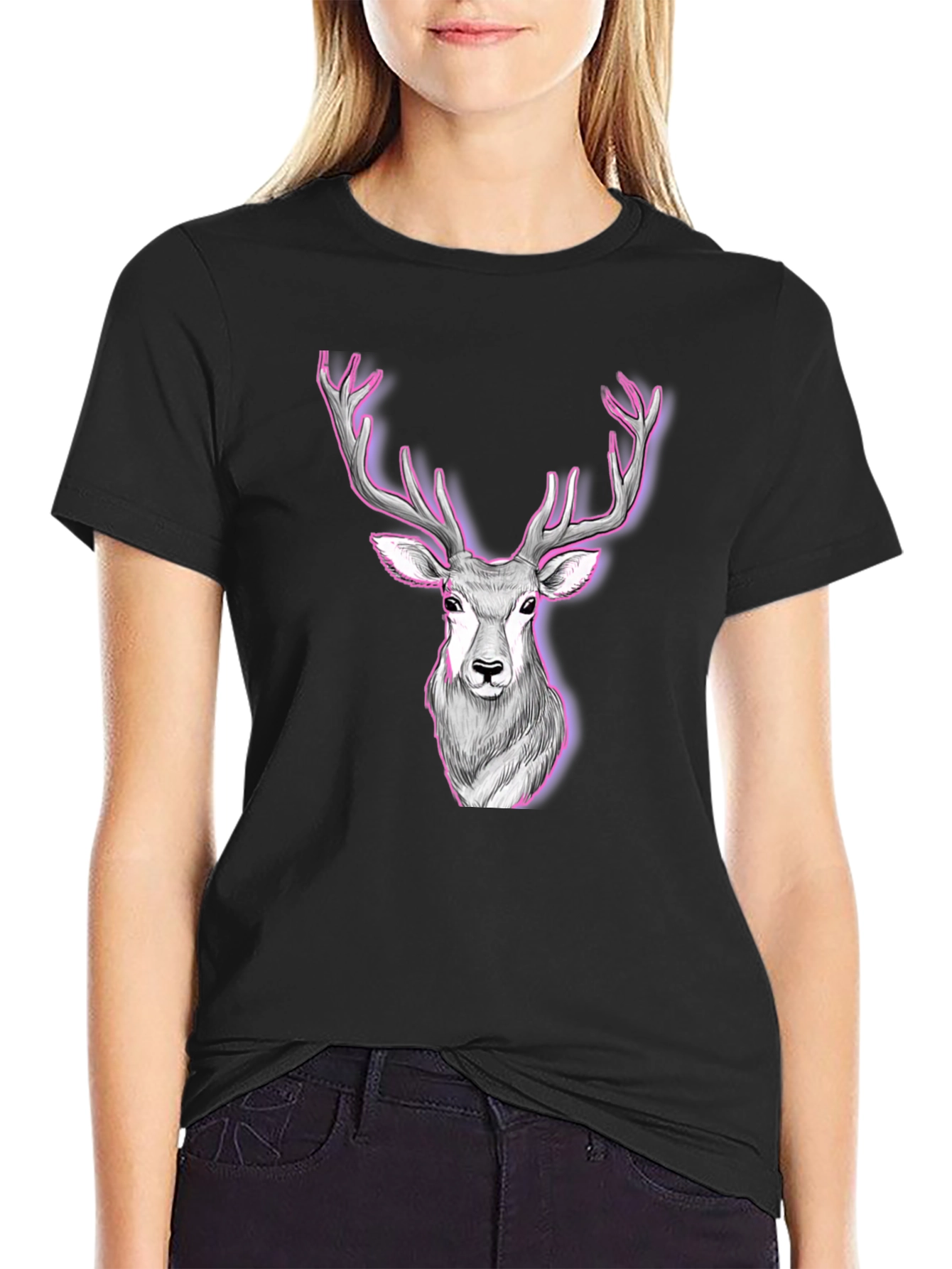 Deer Graphic Print Tee - Black