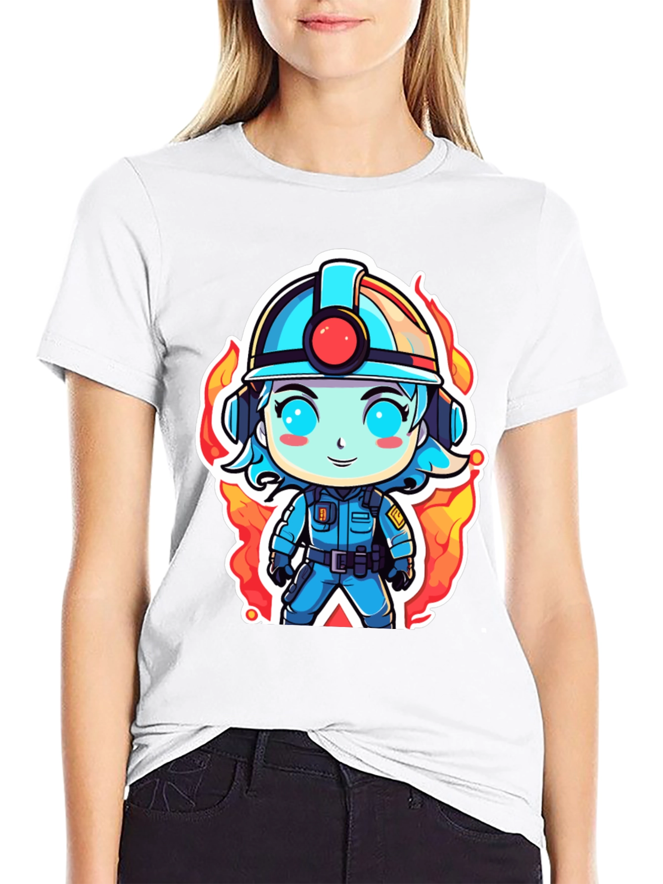 Cartoon Firefighter T-Shirt - Black Cotton Tee